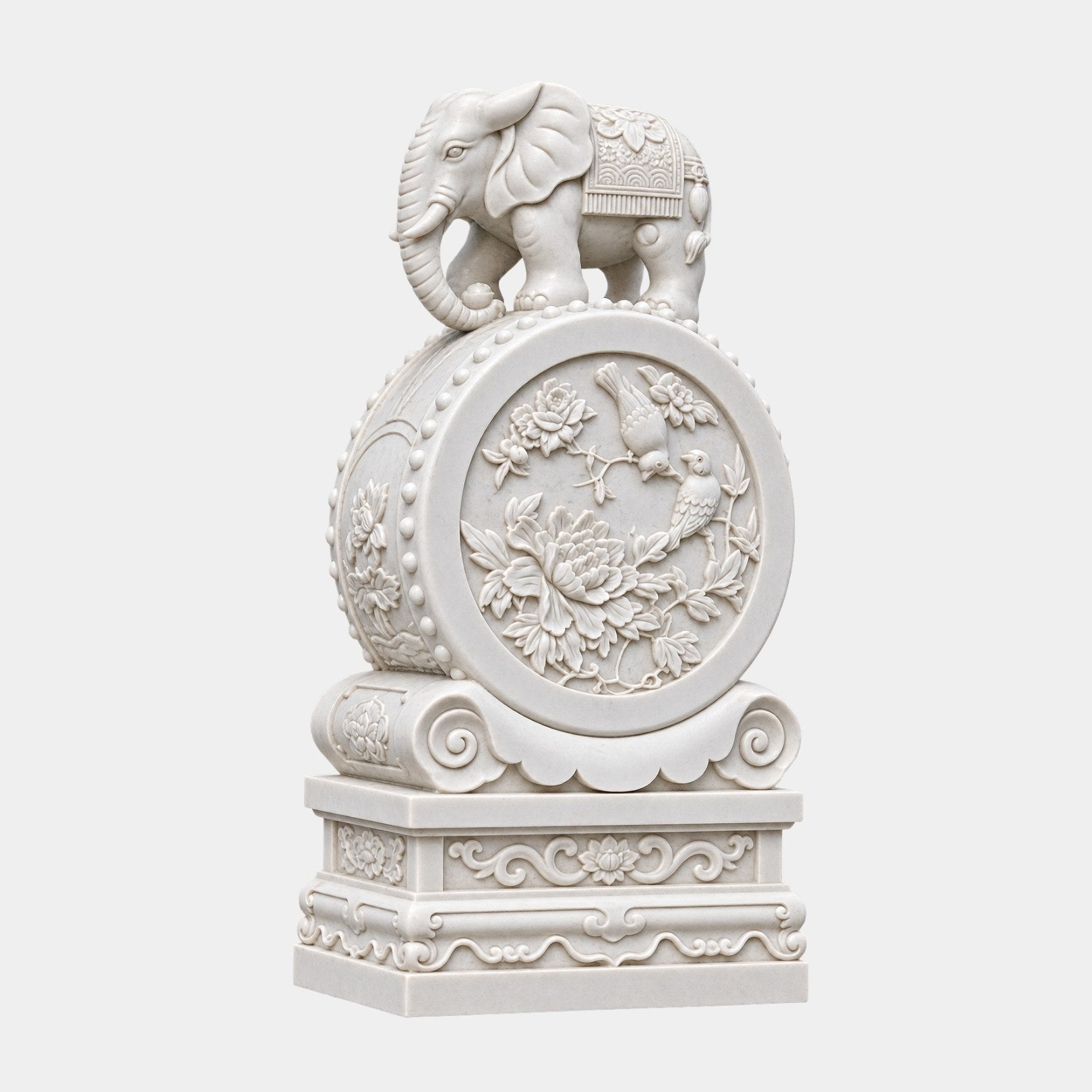 White marble gate drum stone with peonies, two birds and an elephant finial
