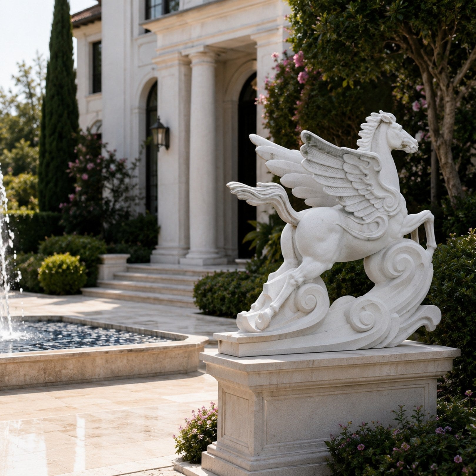 White marble Pegasus statue in a courtyard beside a fountain