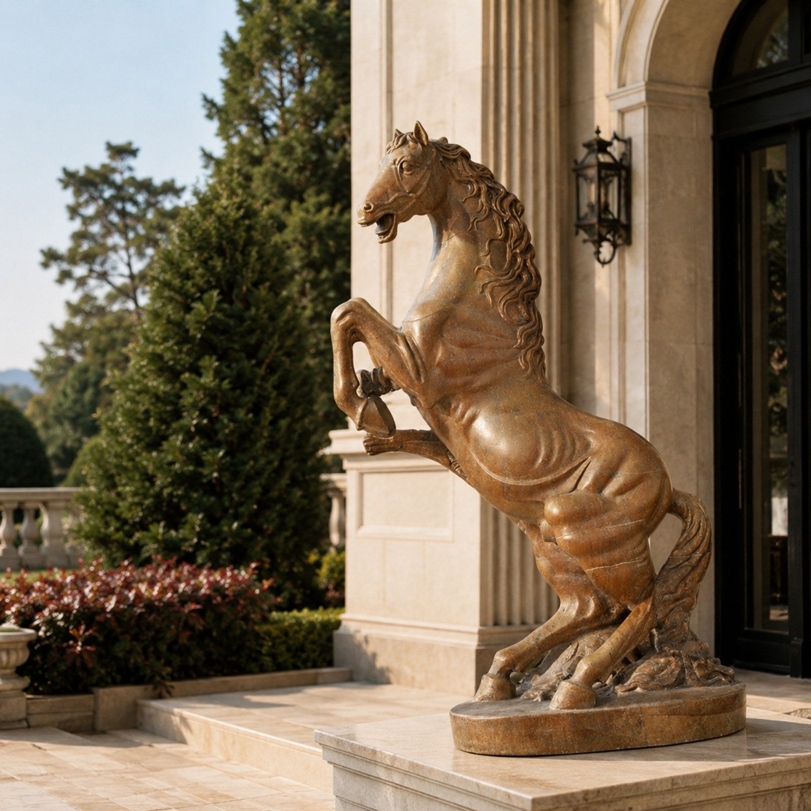 Honey-brown marble rearing horse standing beneath a stone portico