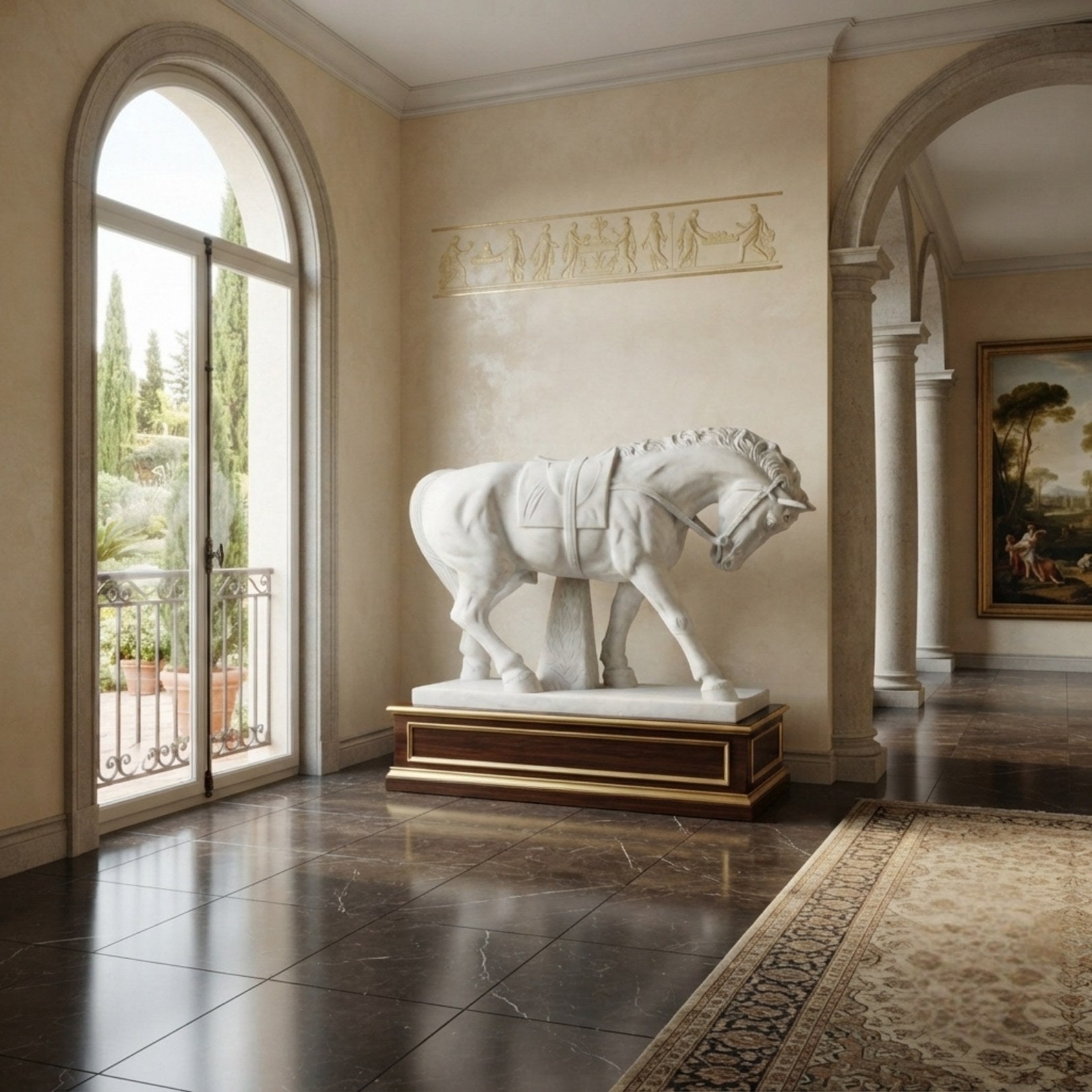 White marble saddled horse standing in an arched hall interior