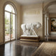 White marble saddled horse standing in an arched hall interior