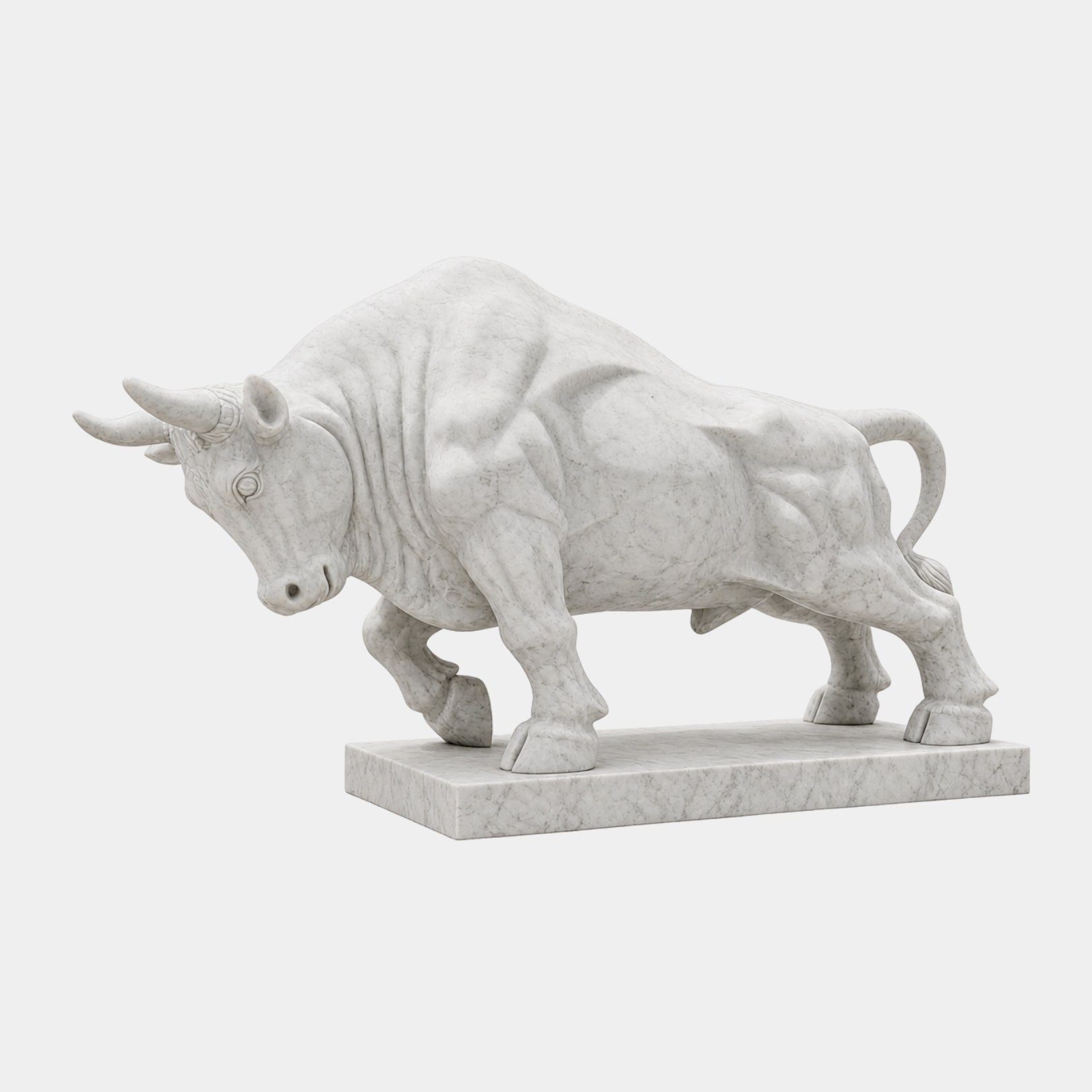 White marble bull charging with head lowered and horns levelled forward