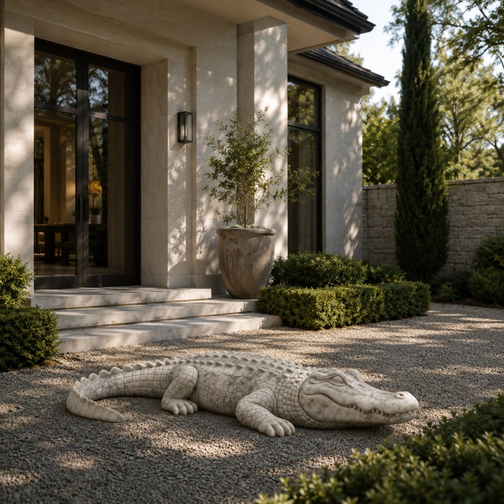 White marble crocodile resting on gravel in a courtyard