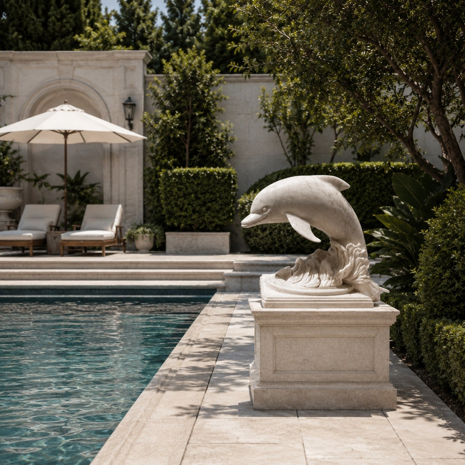 White marble leaping dolphin statue beside a swimming pool