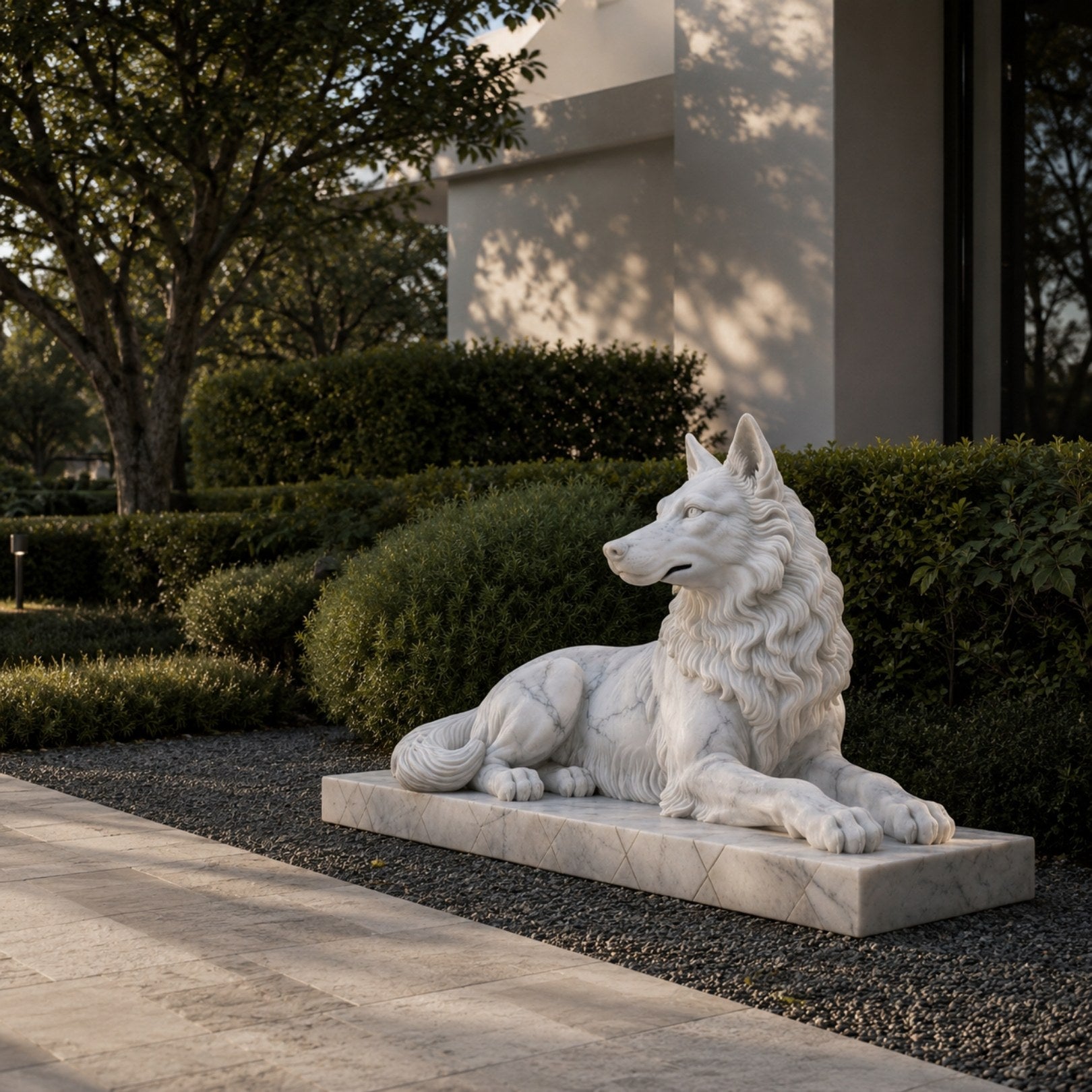White marble couchant wolf shown on a gravel bed beside clipped hedging