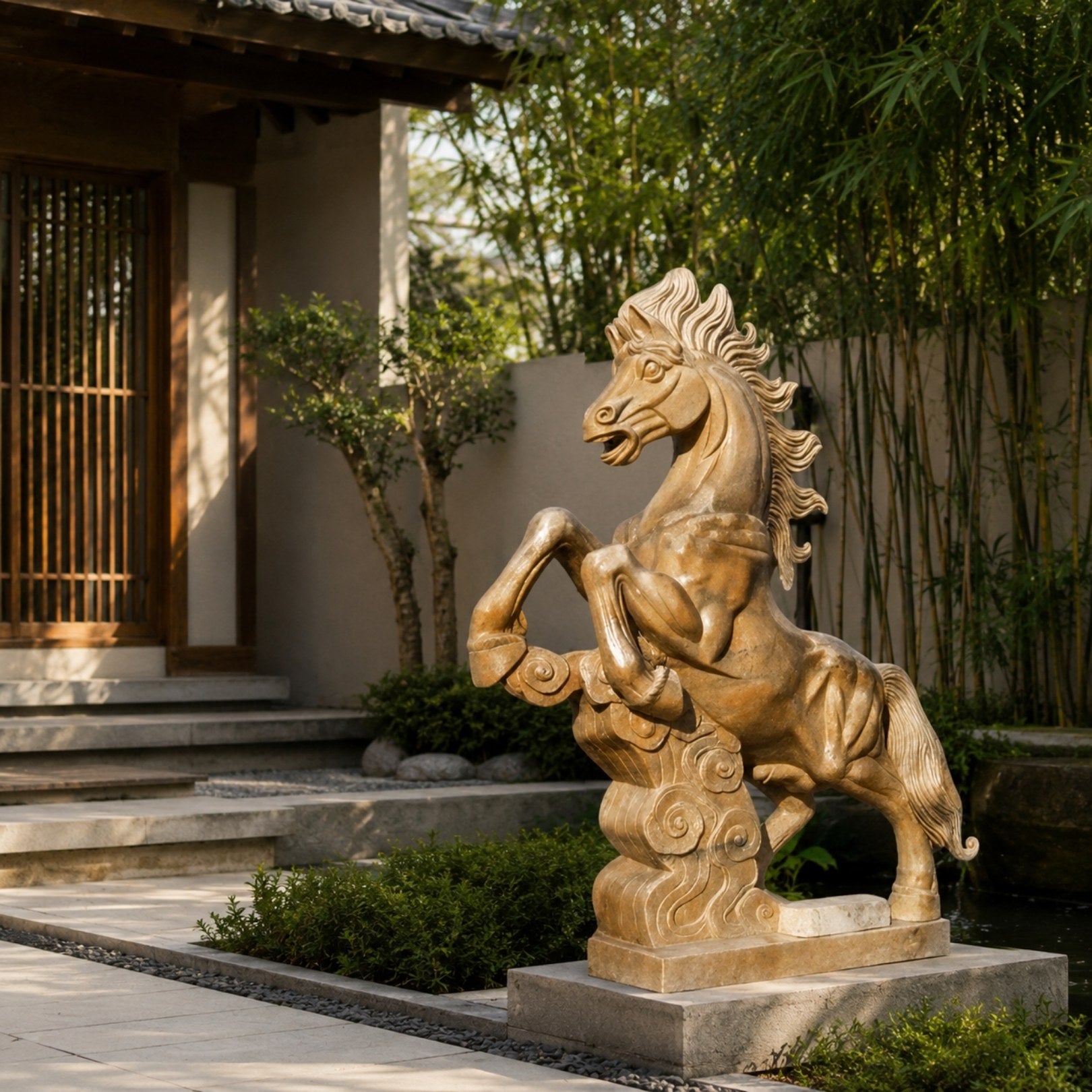The brown marble horse in a bamboo courtyard beside a pond