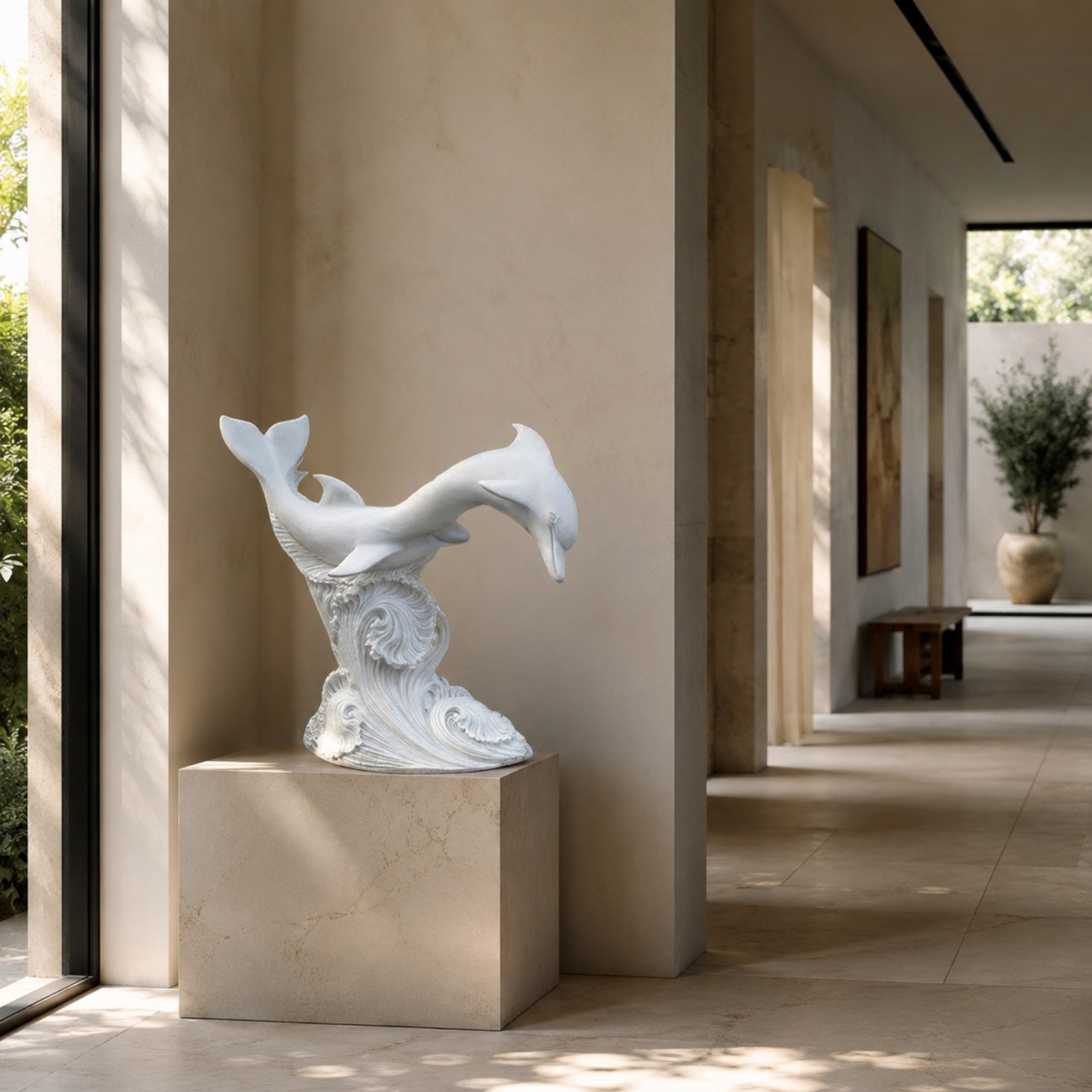 Two white marble dolphins shown indoors in a limestone gallery