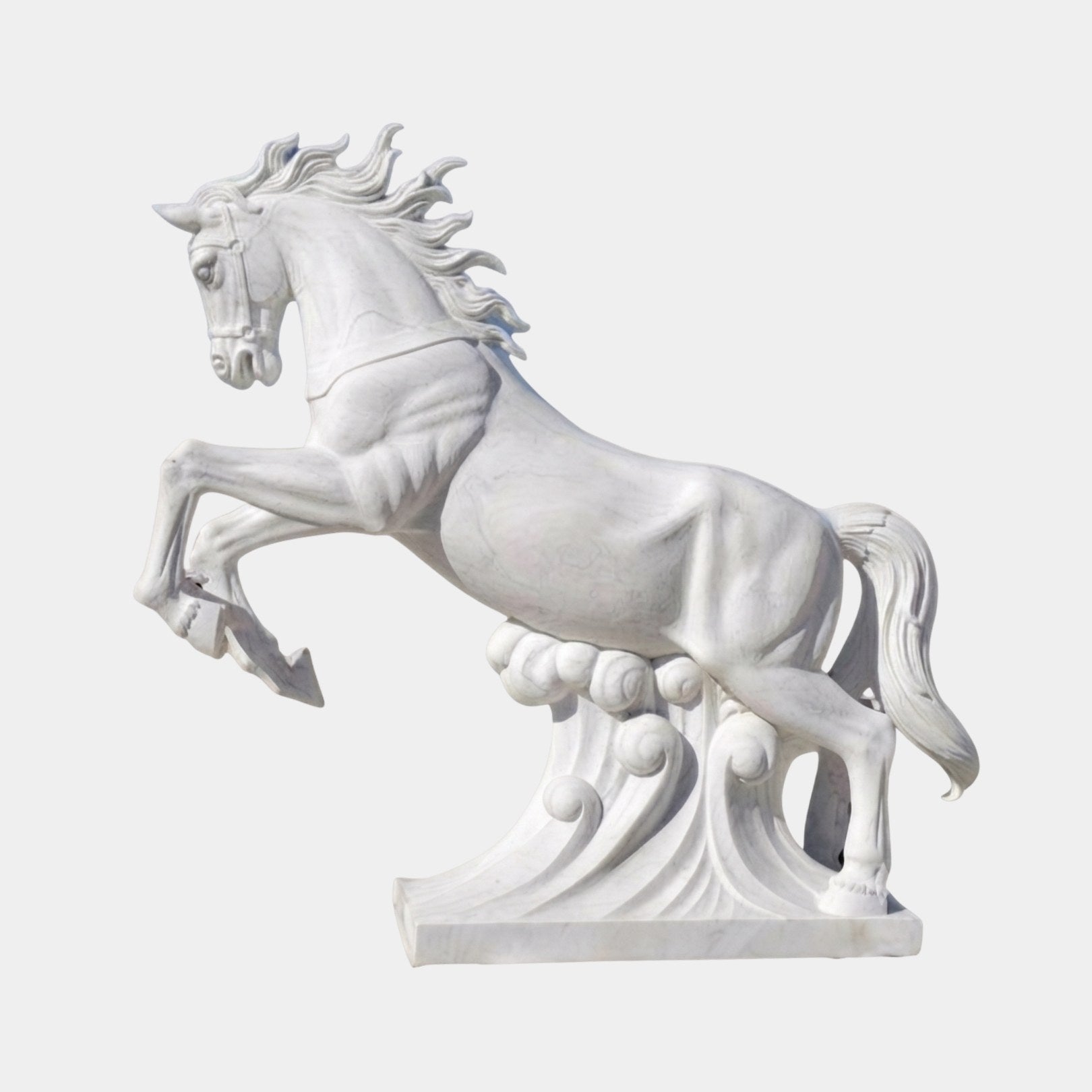White marble horse leaping from a bank of carved cloud with forelegs raised