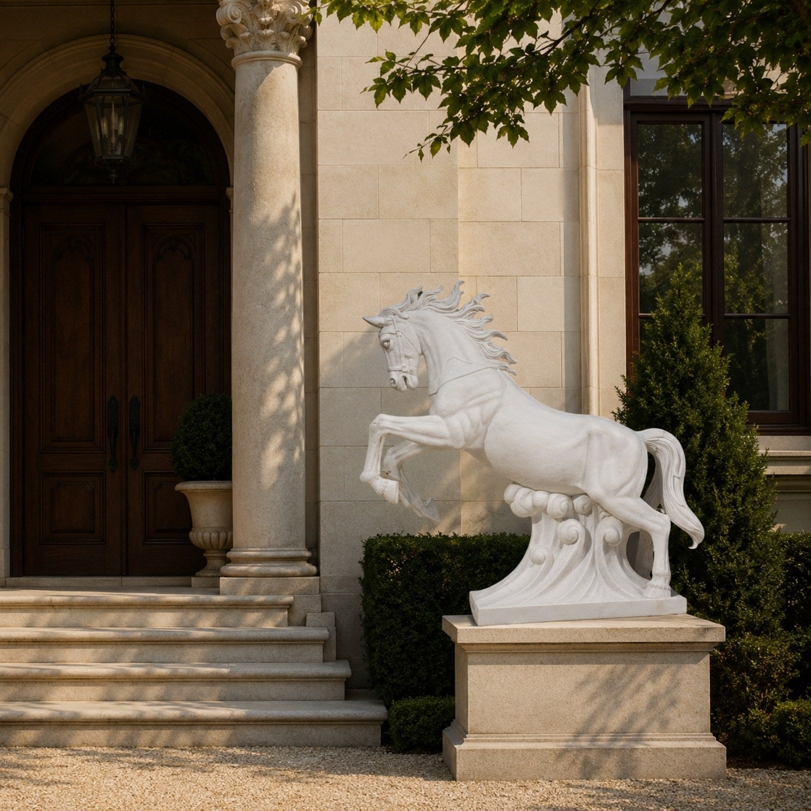 White marble leaping horse shown beside a columned stone entrance