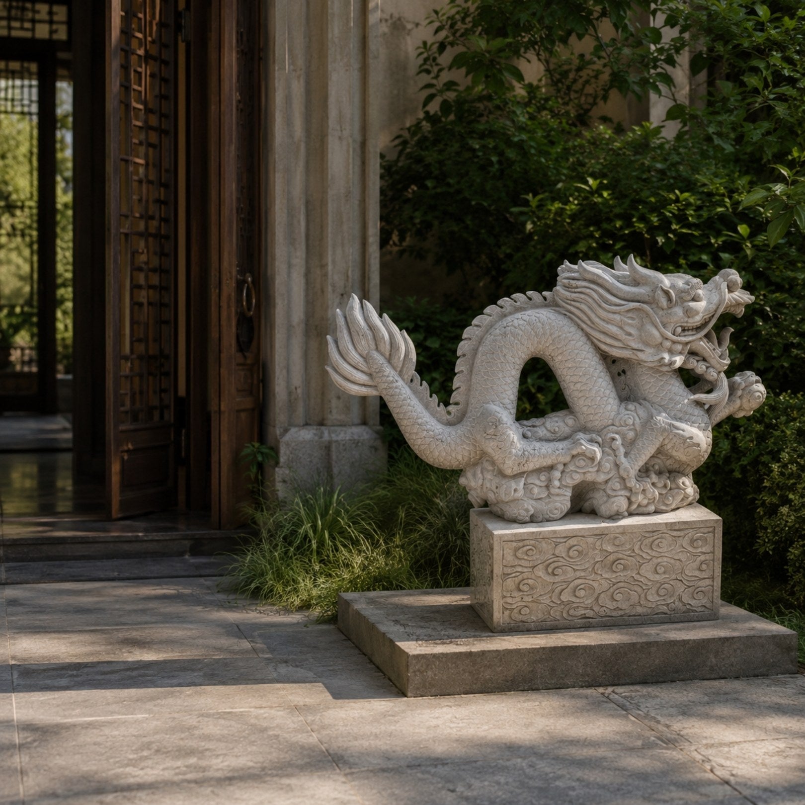 White marble dragon on its cloud-scroll plinth beside a latticed doorway