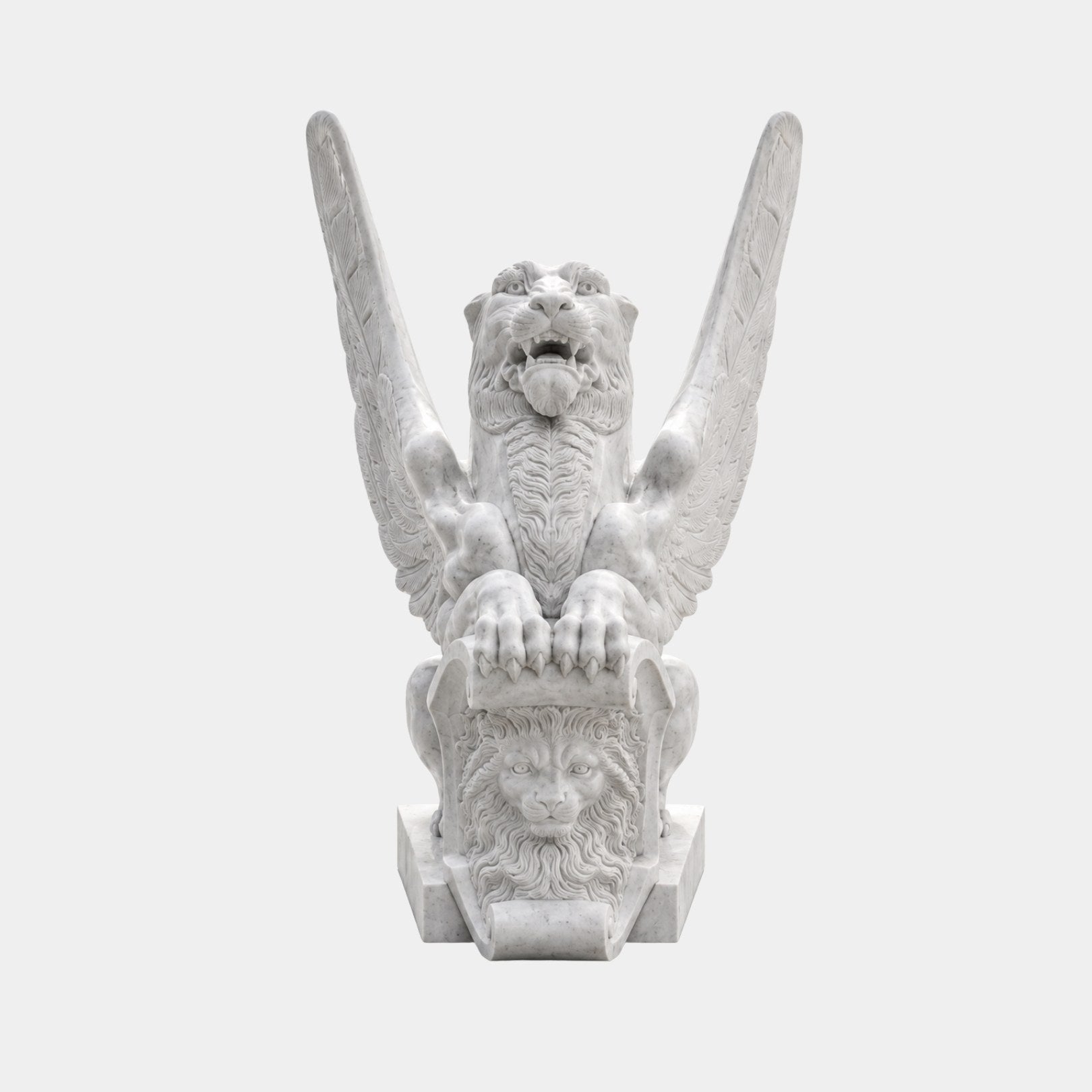 White marble winged lion seated with both forepaws resting on a carved shield