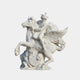 White marble rider in a winged cap seated on a winged horse with foreleg raised