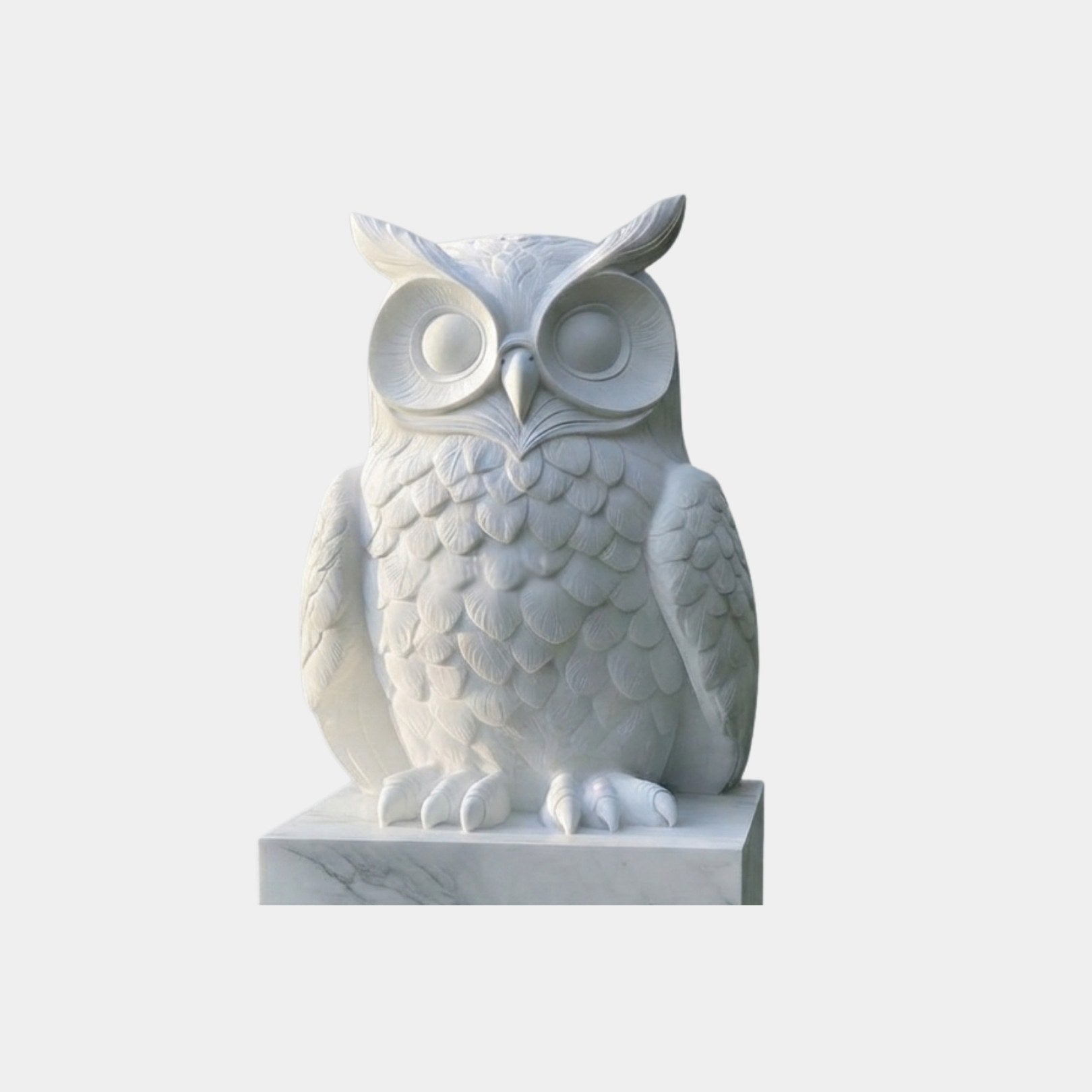 White marble owl perched square on with large carved concentric eye rings