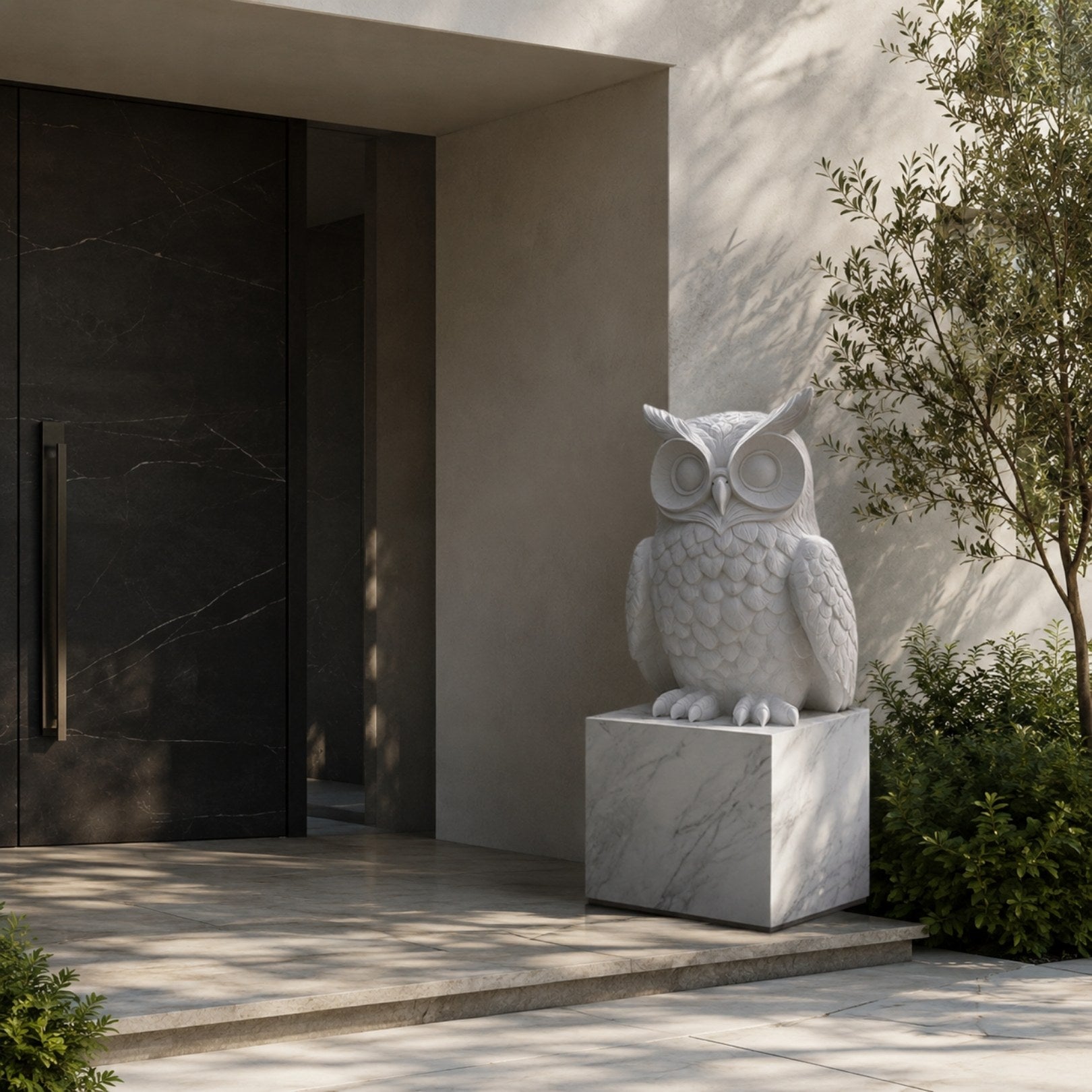 White marble owl shown beside a dark stone entrance