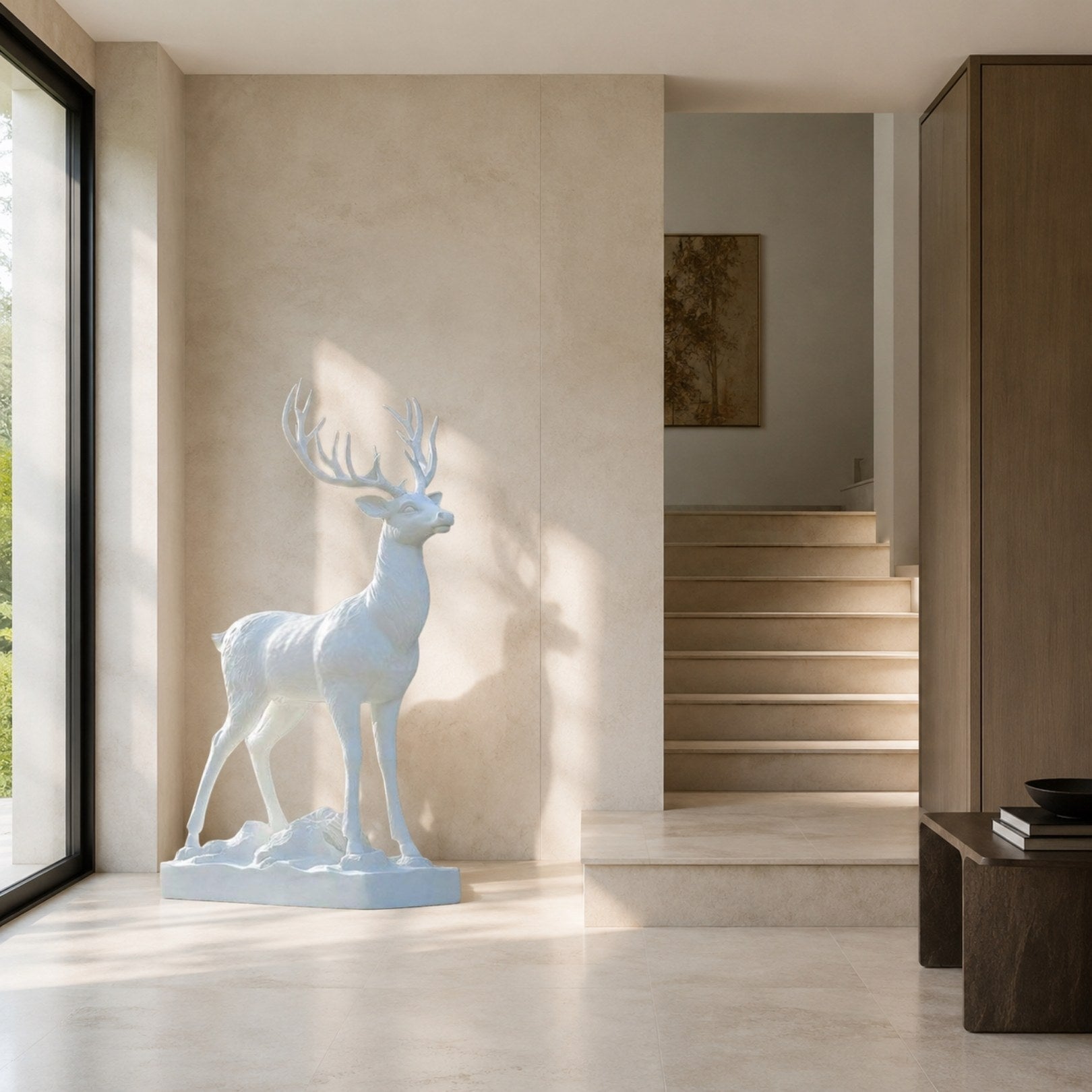 White marble stag shown indoors on its oval base beside a staircase