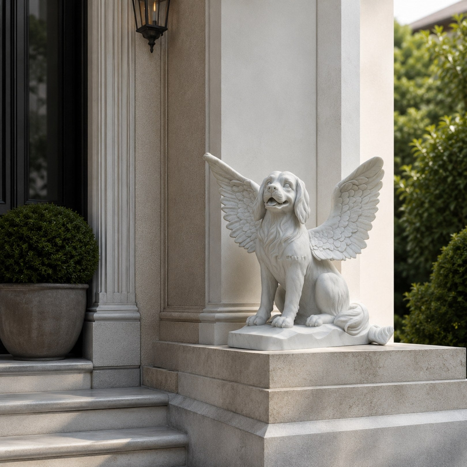 Winged marble dog shown beside a classical stone entrance