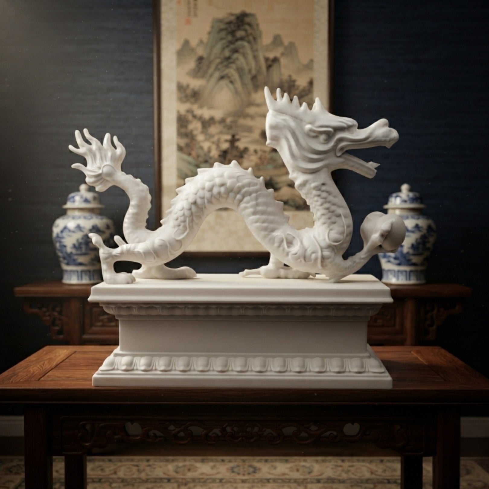 White marble dragon on its moulded plinth in a panelled interior