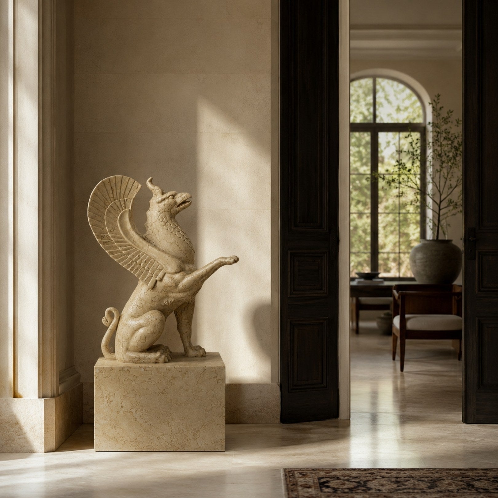 Beige marble griffin shown indoors in a limestone hall