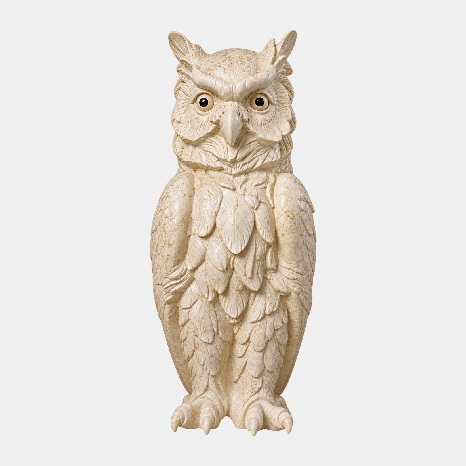 Beige marble owl standing upright with two inset eye domes