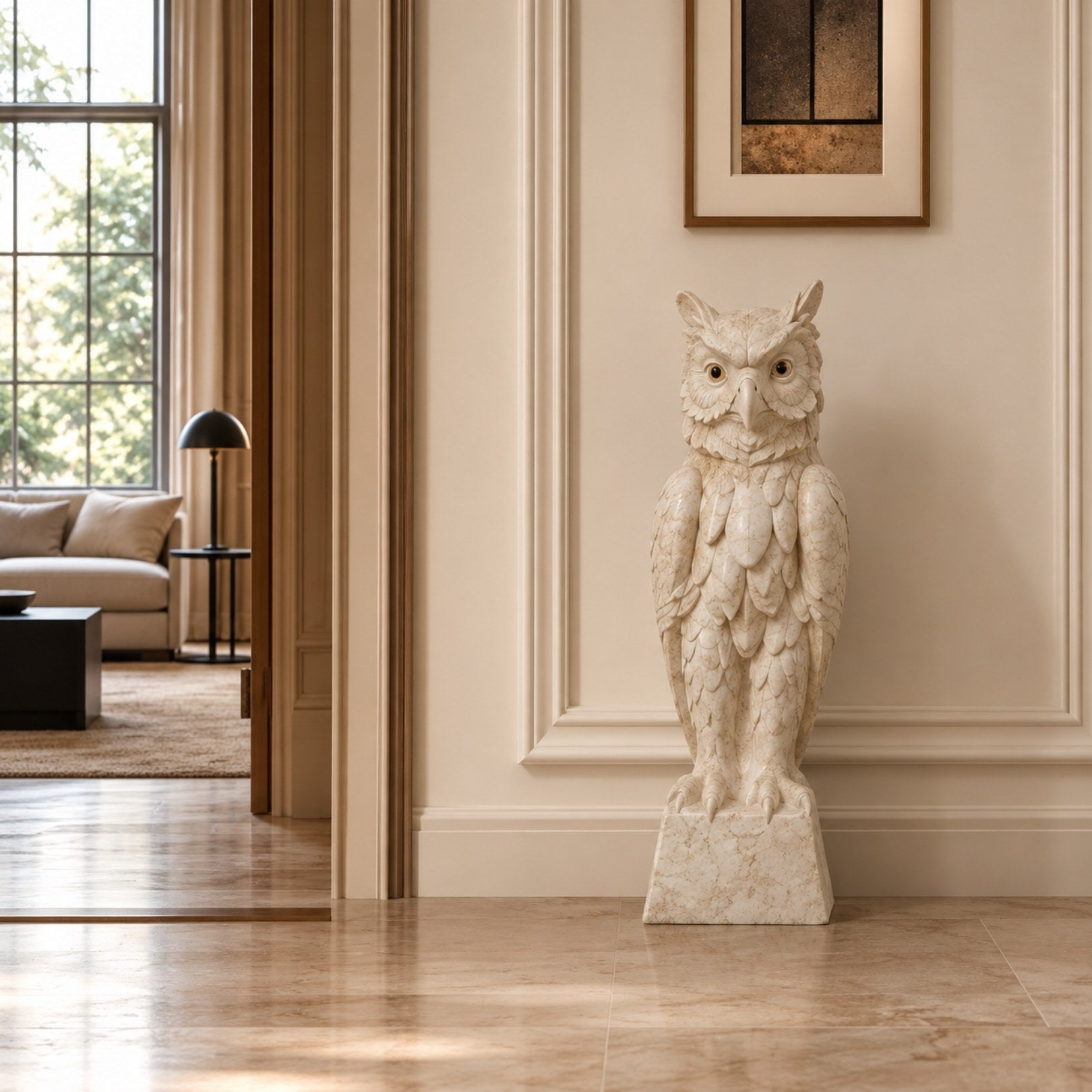 Beige marble owl shown indoors in a panelled hall