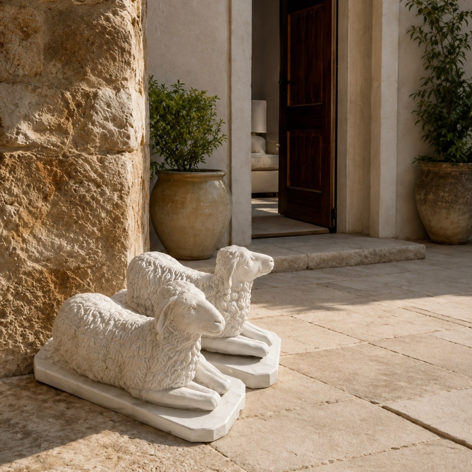 Two white marble sheep shown on paving beside a stone wall