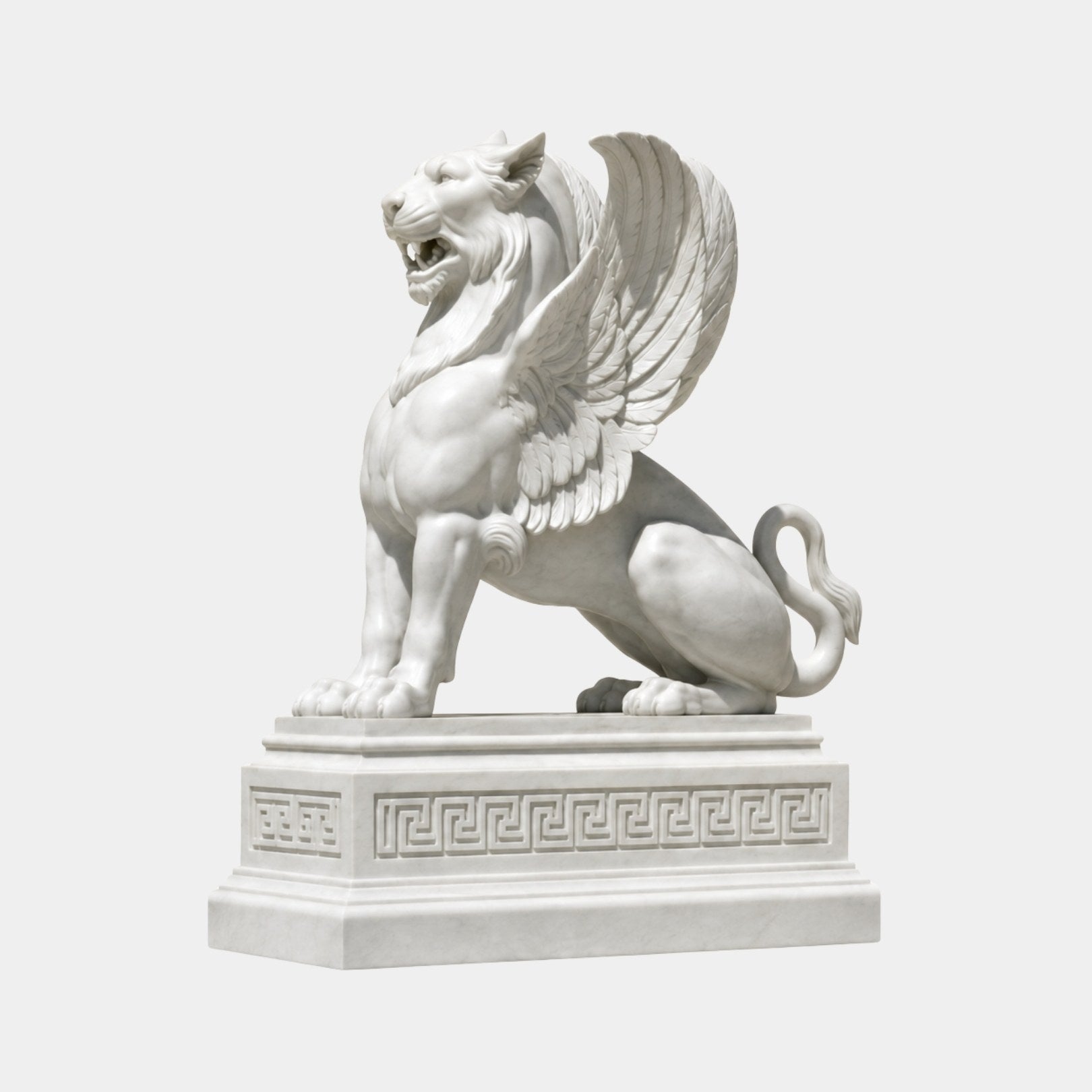 White marble winged lion seated with jaws open and both wings swept back