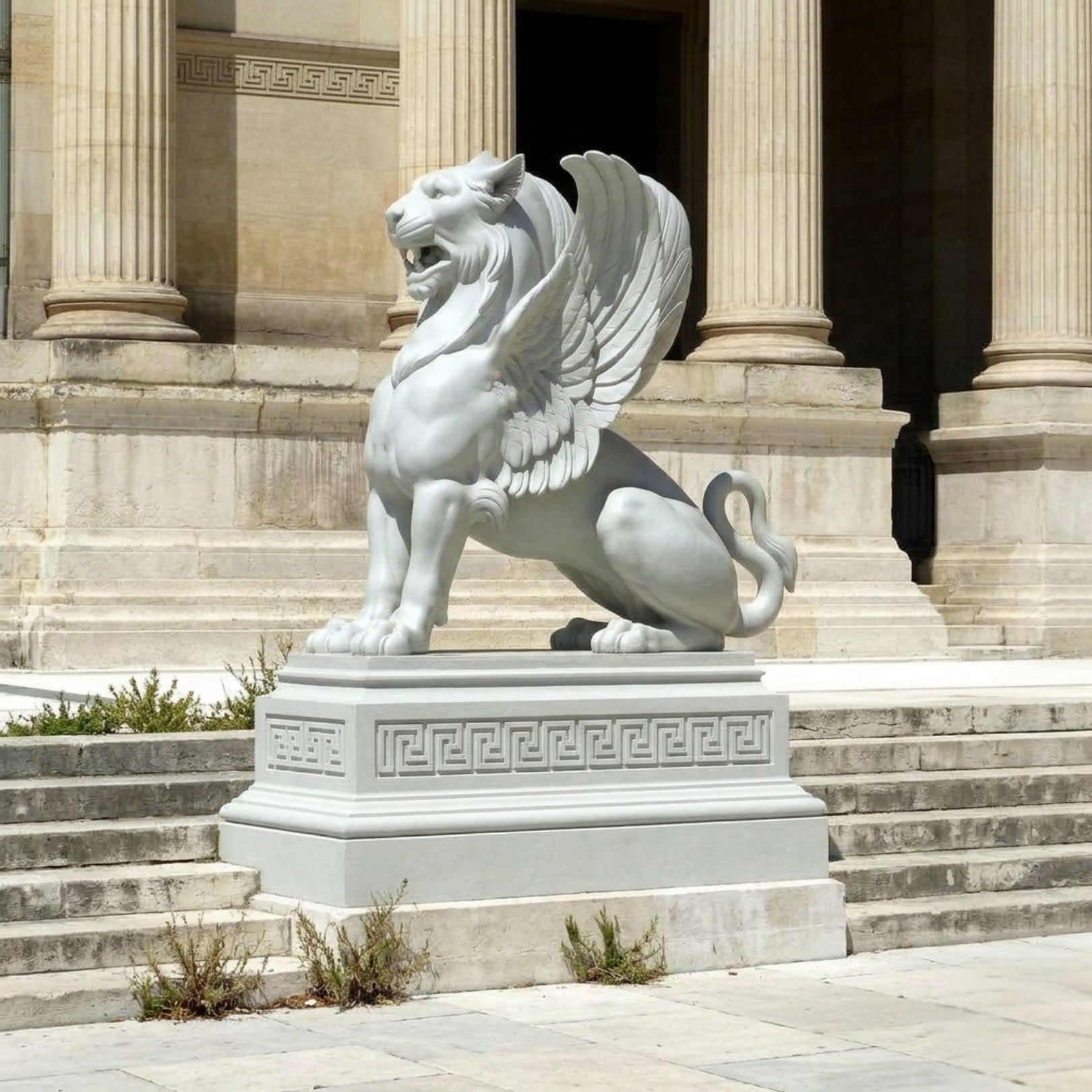 White marble winged lion shown before a classical colonnade