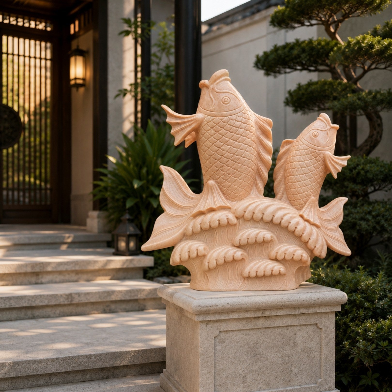 Peach marble carp group shown beside a garden gate and lantern