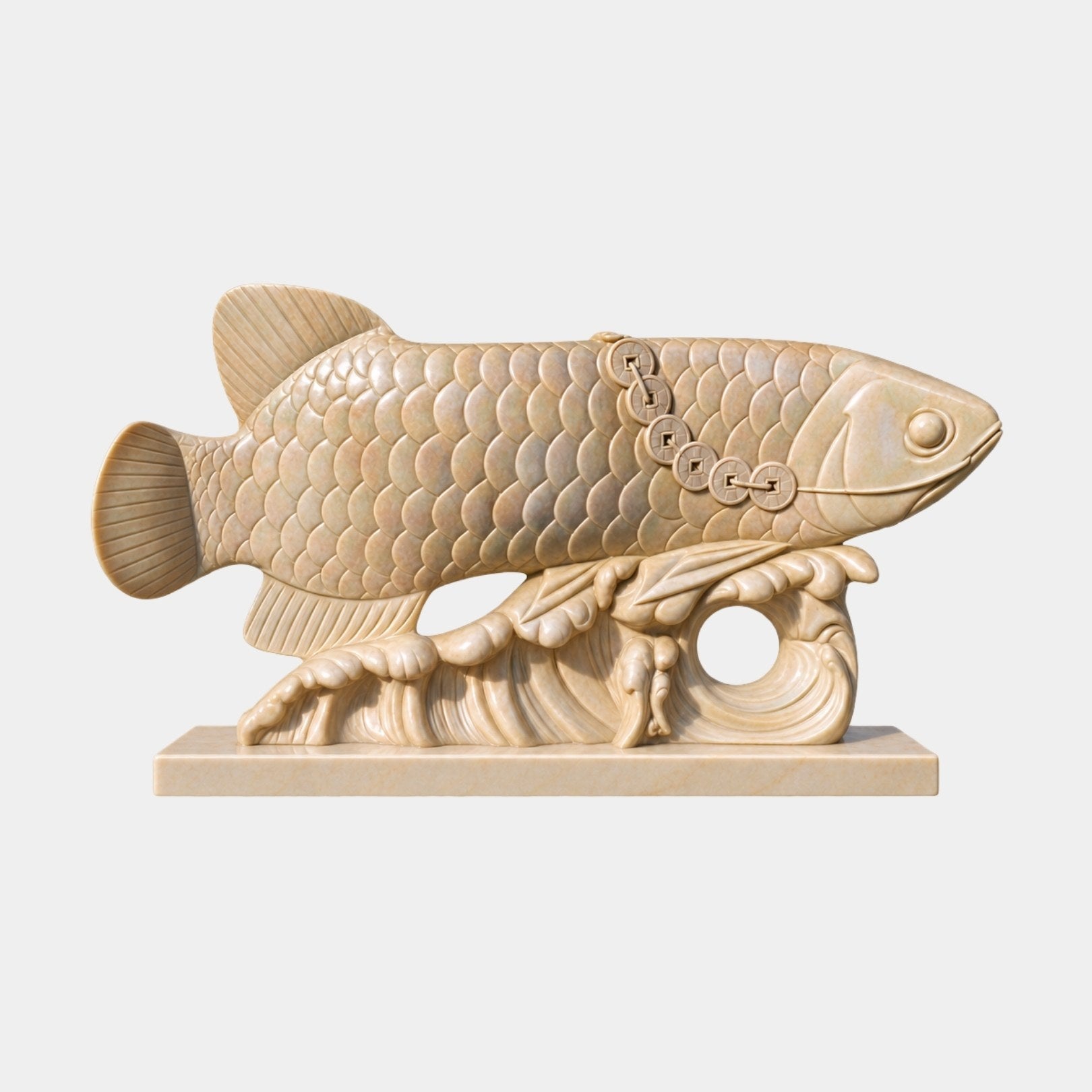 Beige marble arowana over carved waves with a string of six pierced coins