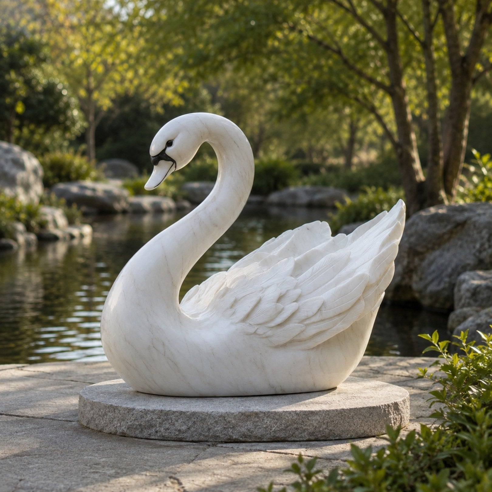 White marble swan on its grey granite disc at the edge of a pond