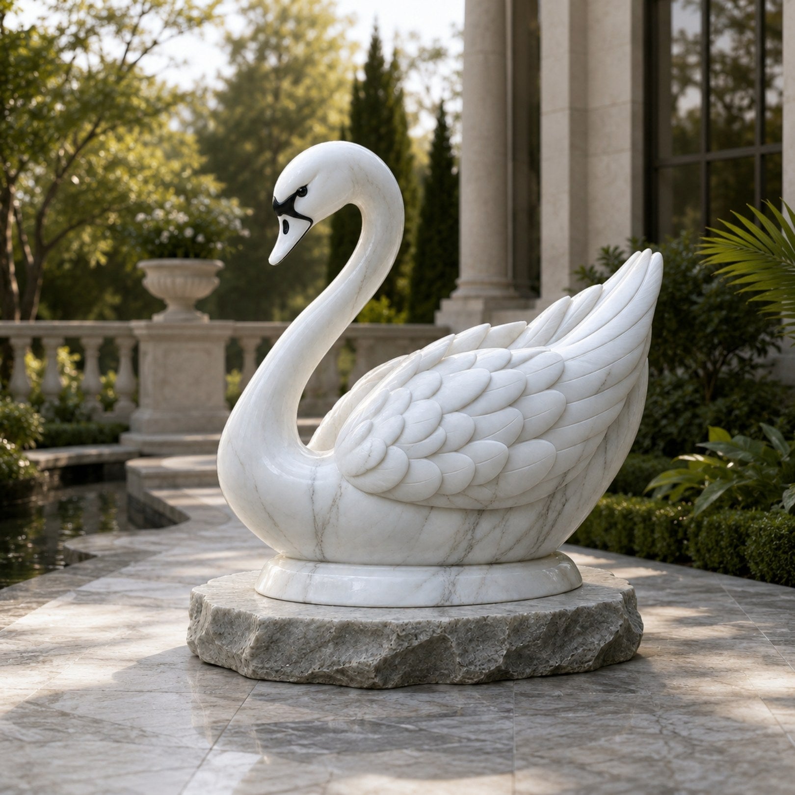 White marble swan on its riven base, shown on a paved terrace