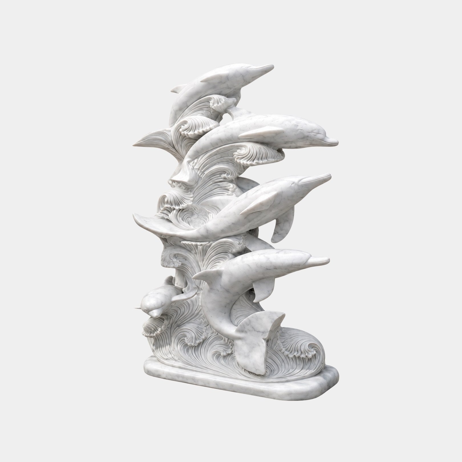 White marble group of five dolphins rising in a spiralling wave column