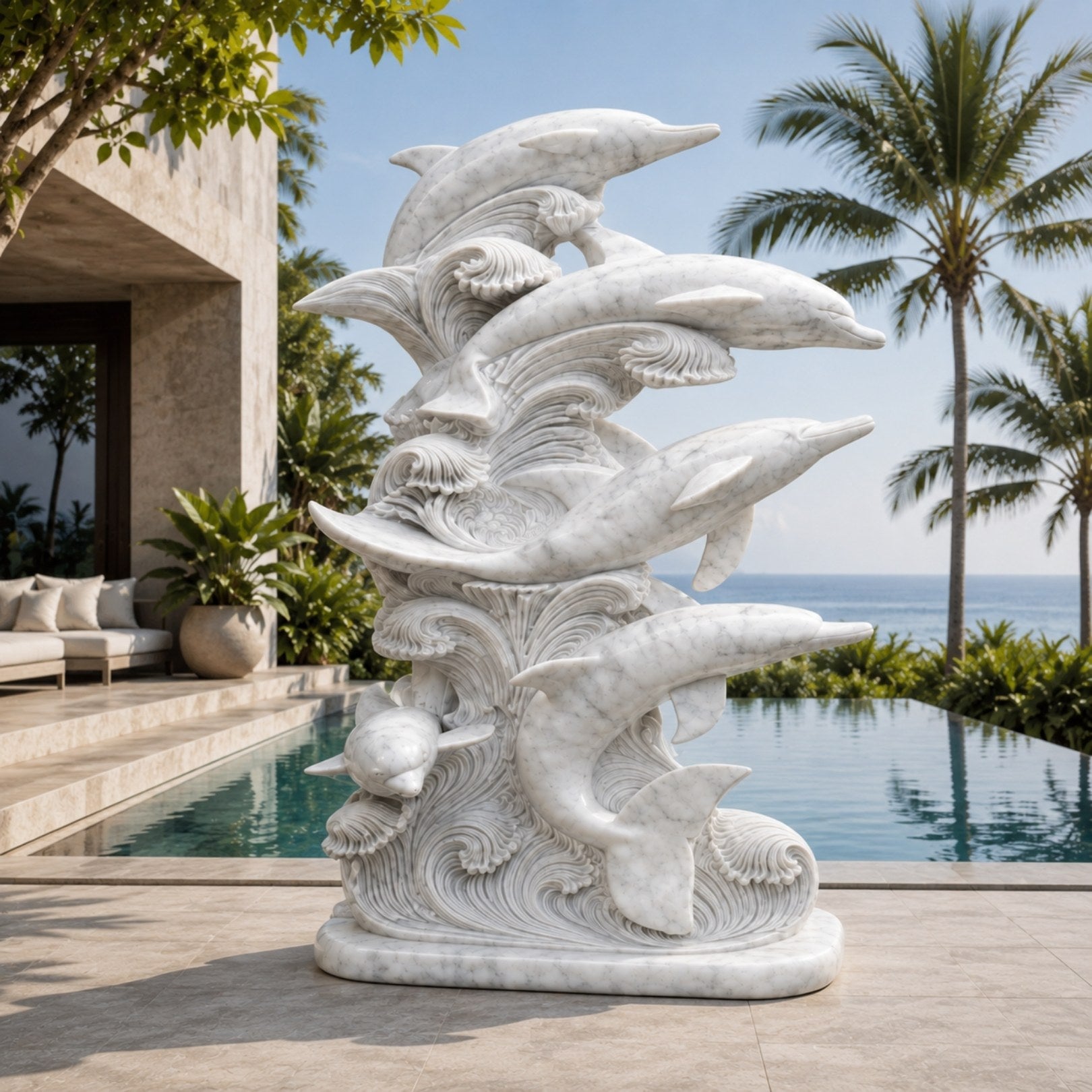 Five white marble dolphins on their wave column beside a pool