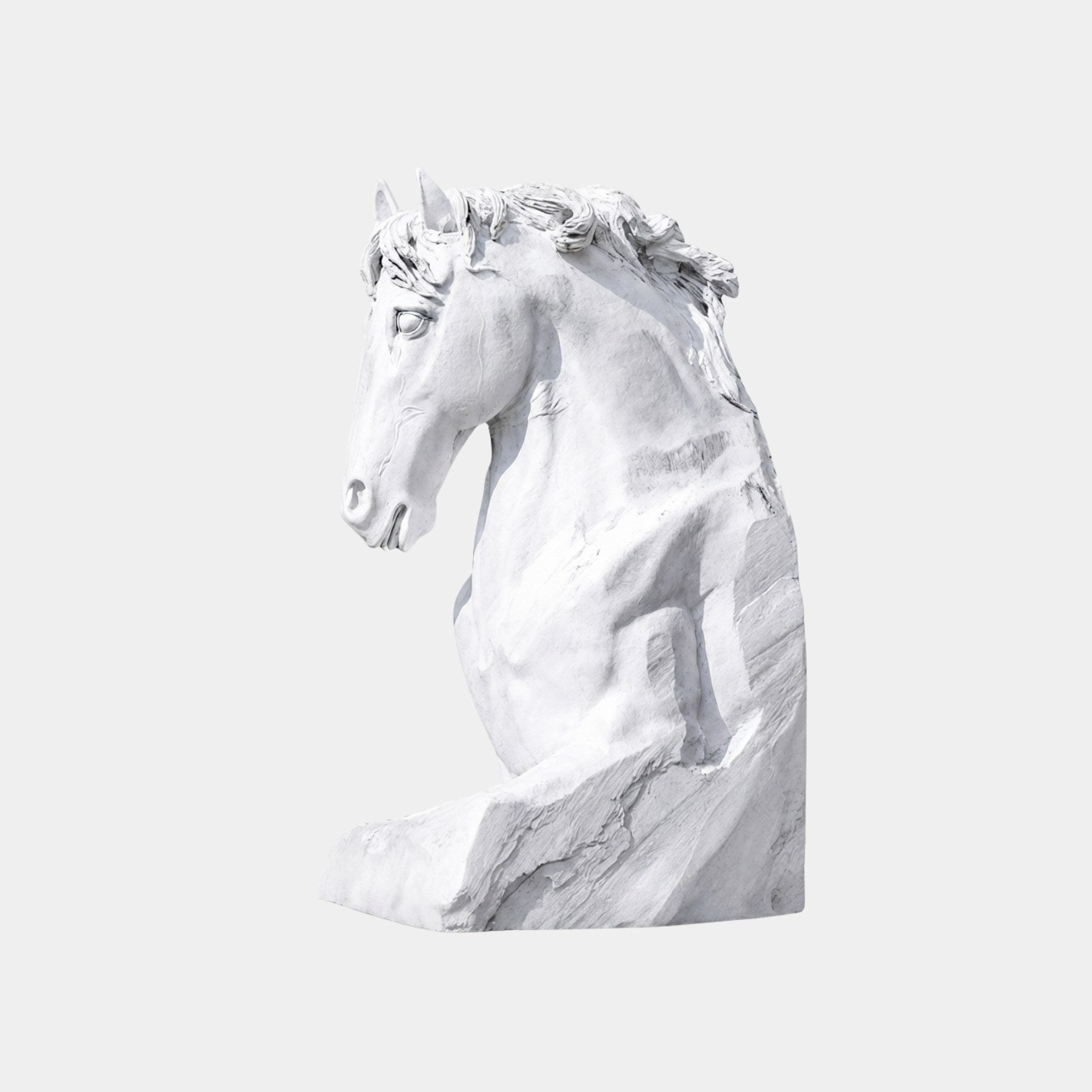 White marble horse head rising from a rough unworked block of stone