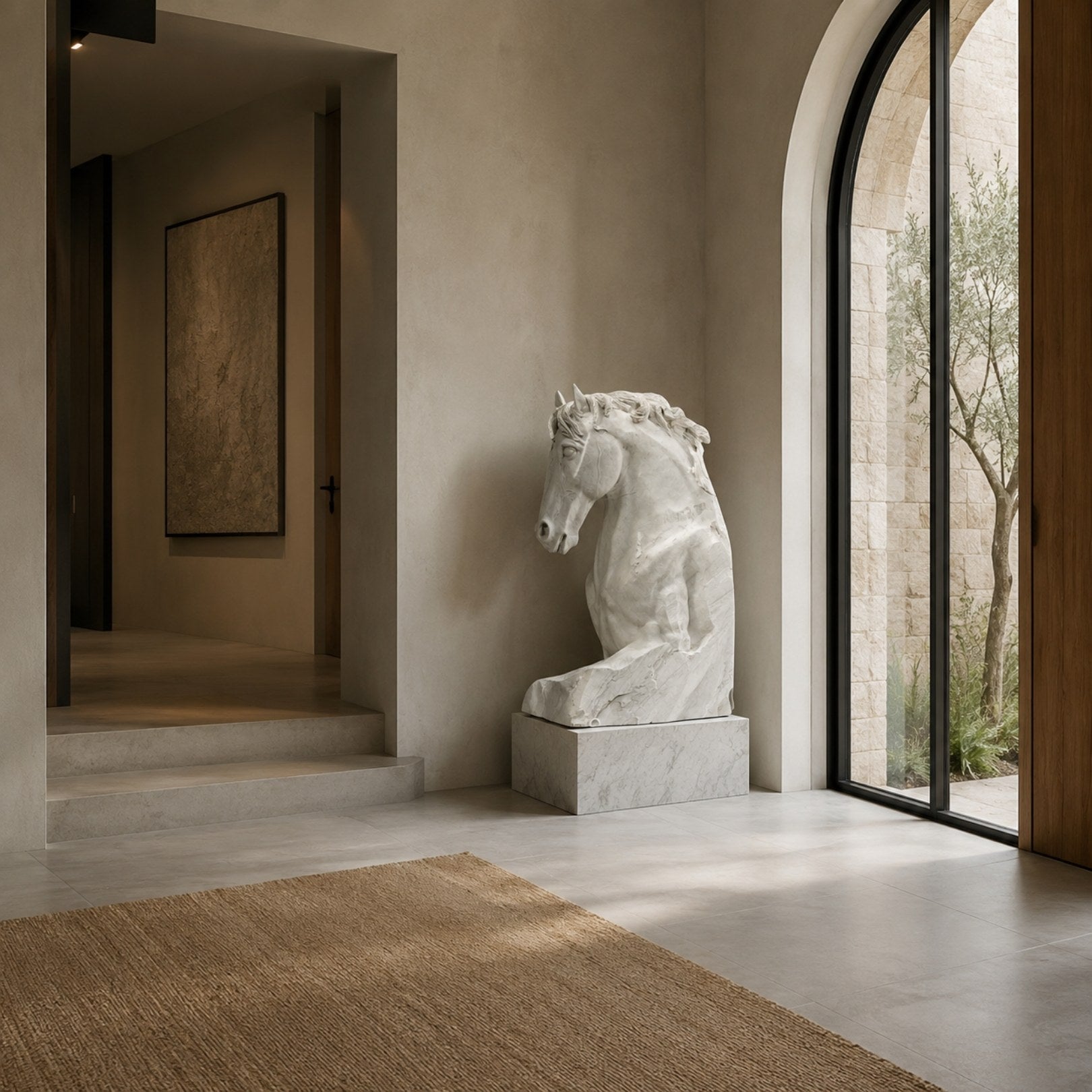 White marble horse head shown indoors in a modern plaster hall