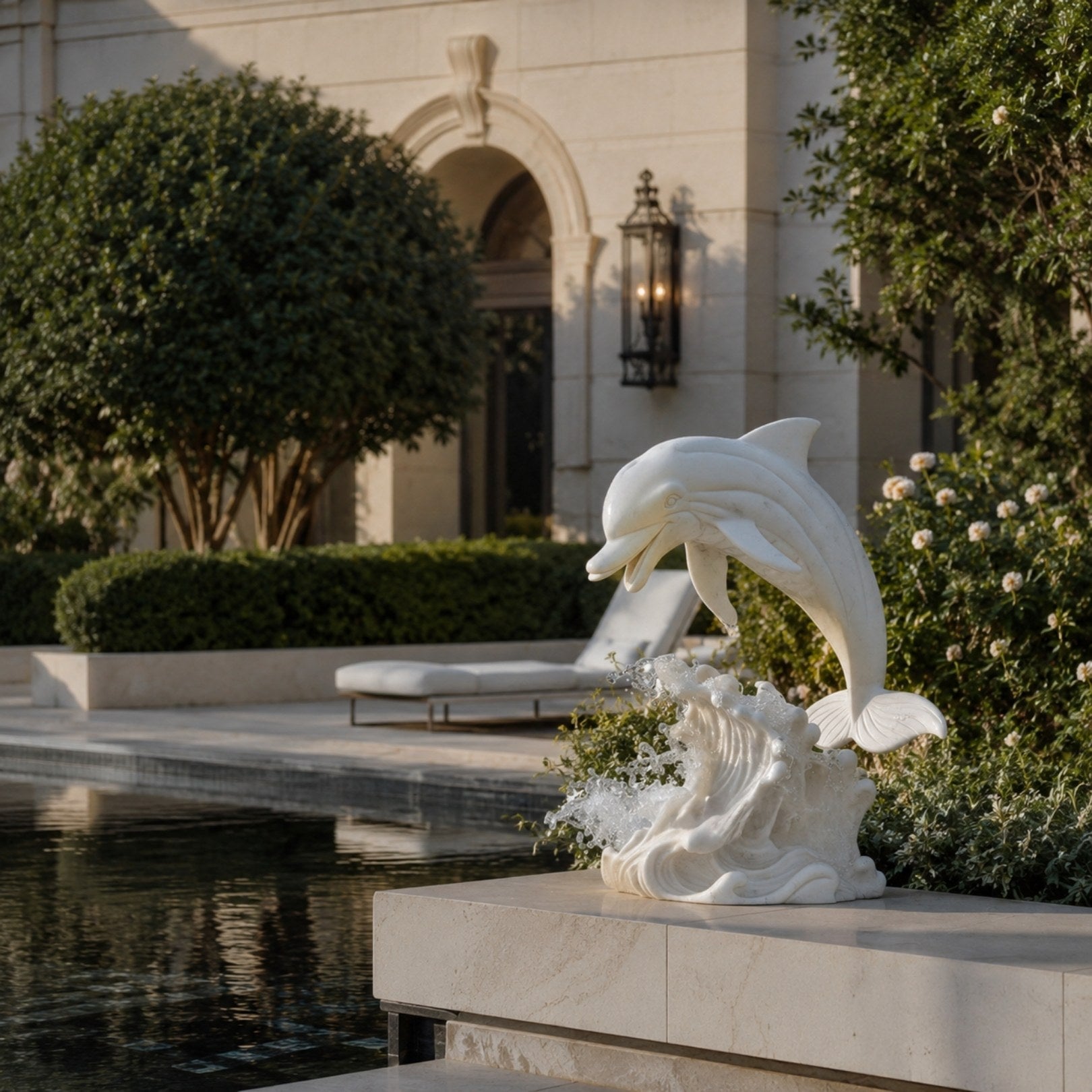 White marble dolphin on its wave, shown on a stone ledge beside a pool