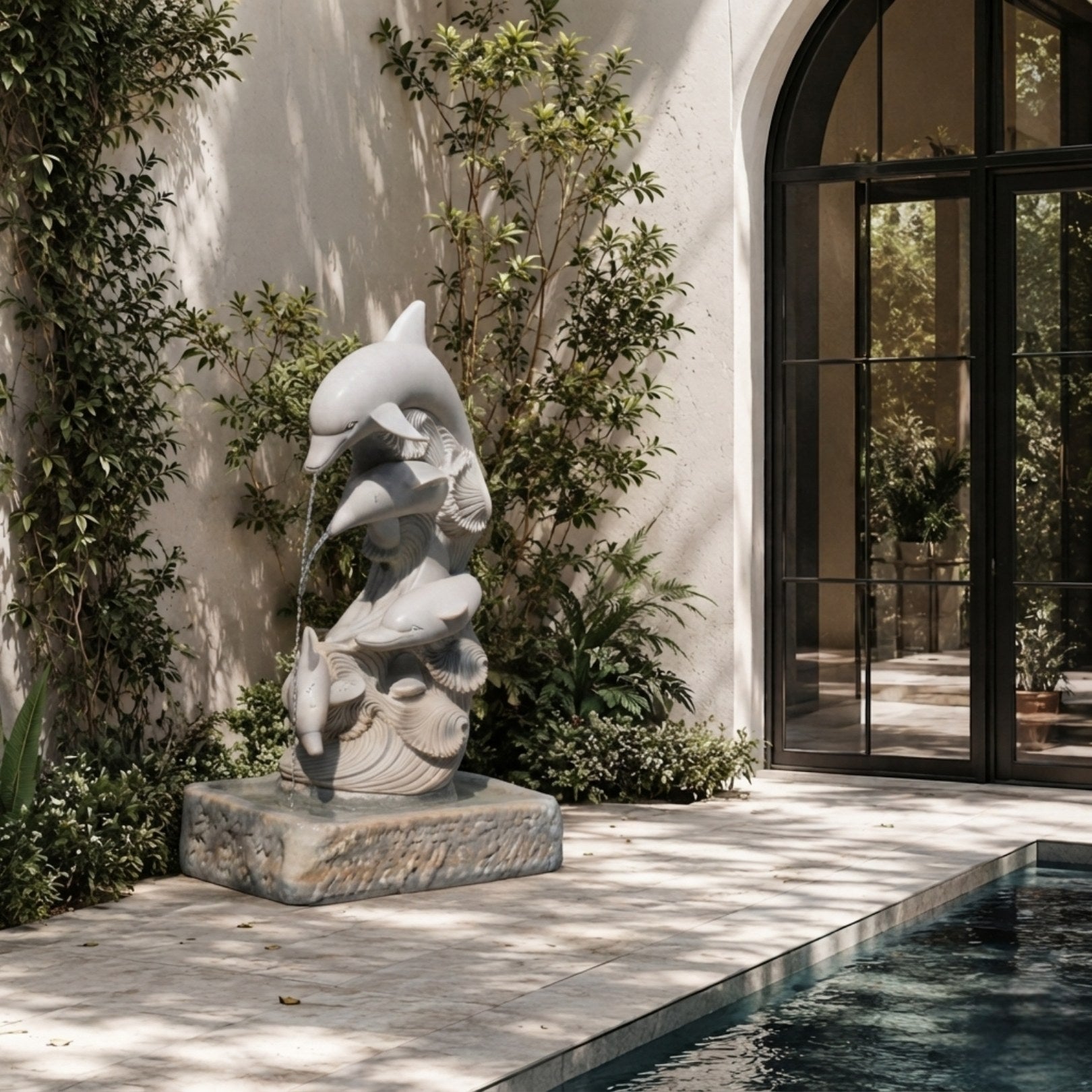 White marble dolphin fountain running, water filling its rough-hewn basin