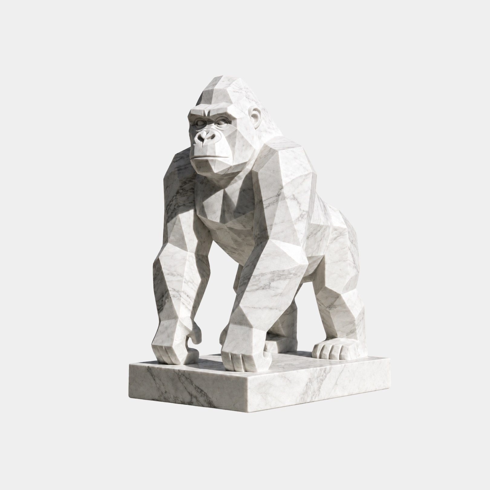 White marble gorilla cut into flat triangular planes, standing on its knuckles