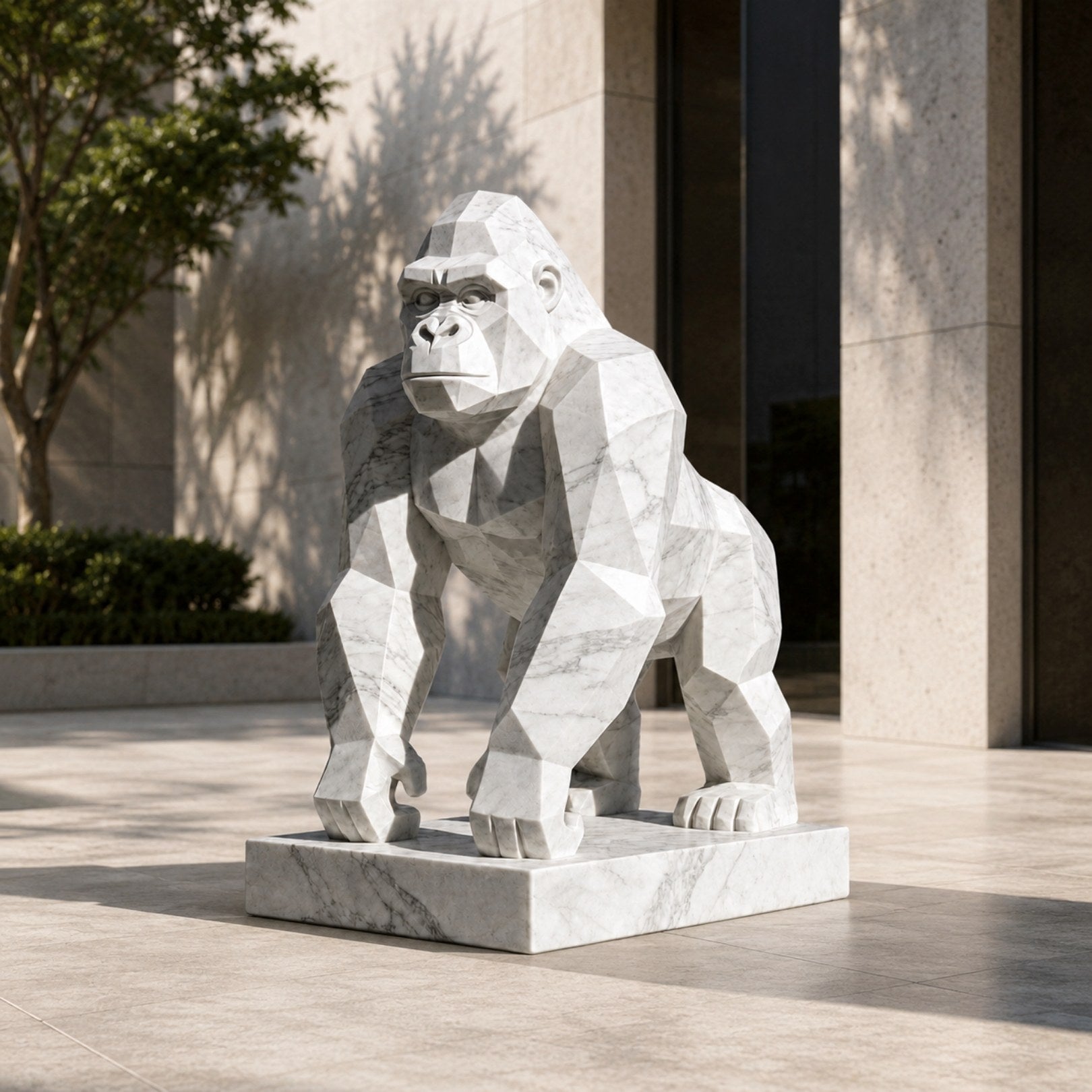Faceted white marble gorilla on its slab in a paved forecourt