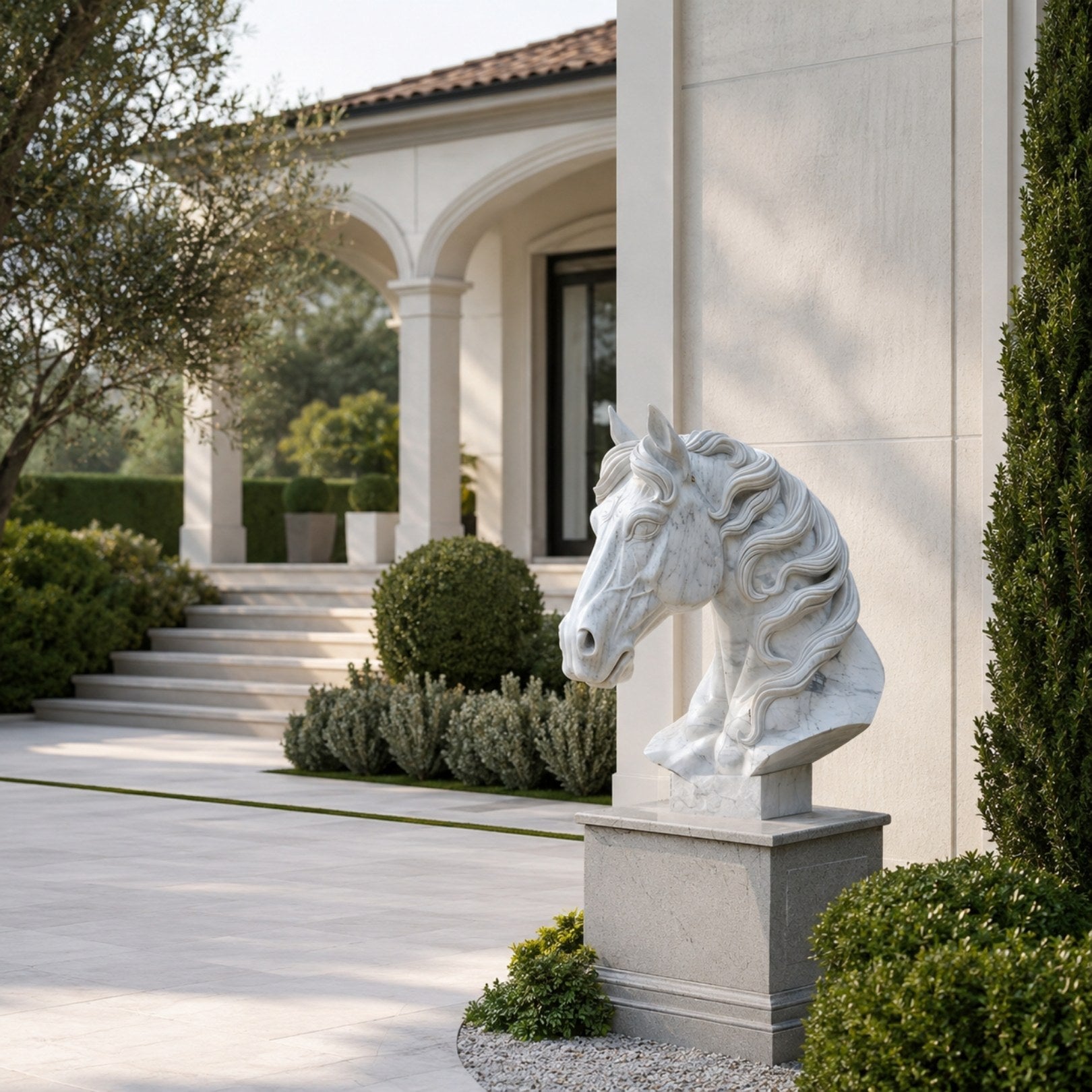 White marble horse head bust shown beside a villa portico