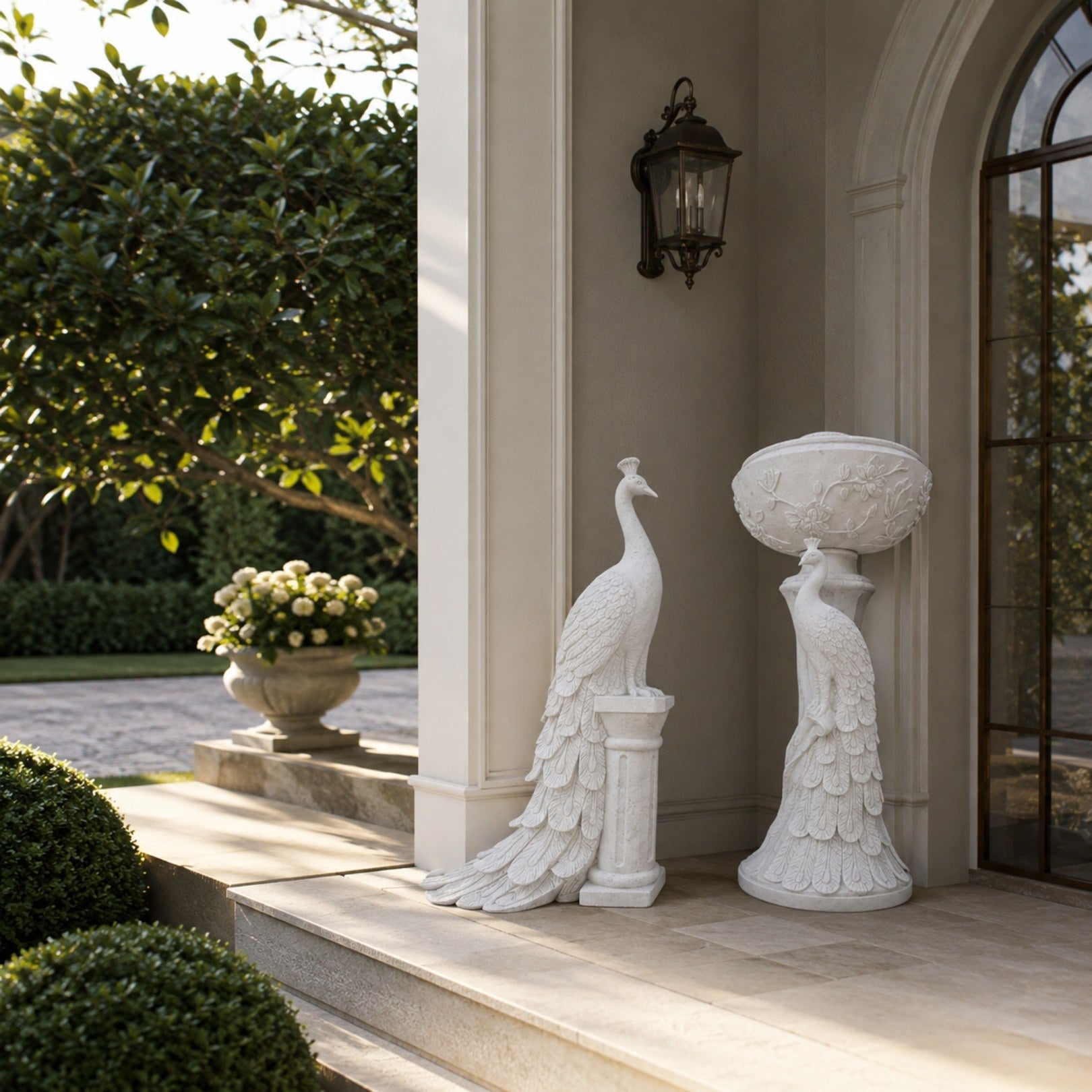 Both peacock designs standing side by side on a house terrace