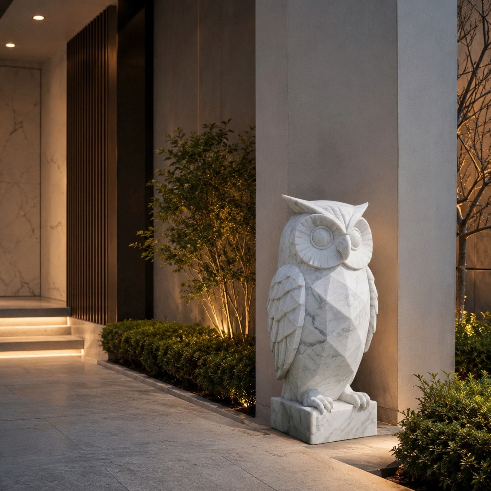Faceted white marble owl on its plinth, lit beside a modern entrance