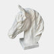 Small white marble horse head bust with a combed mane on a stepped plinth