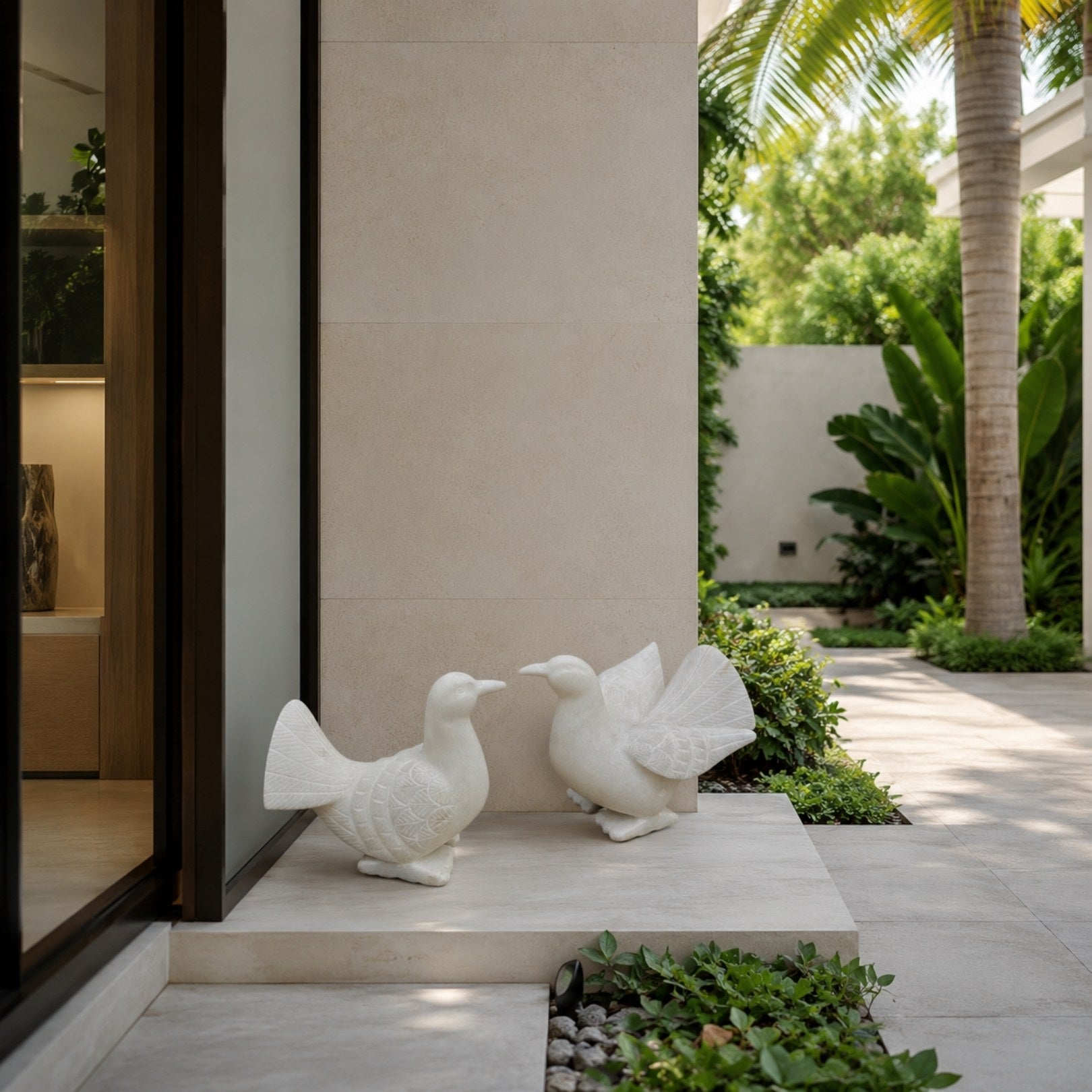 Two small white marble doves shown on a paved step, one with wings raised