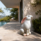 White marble rabbit sitting on paving beside a poolside terrace