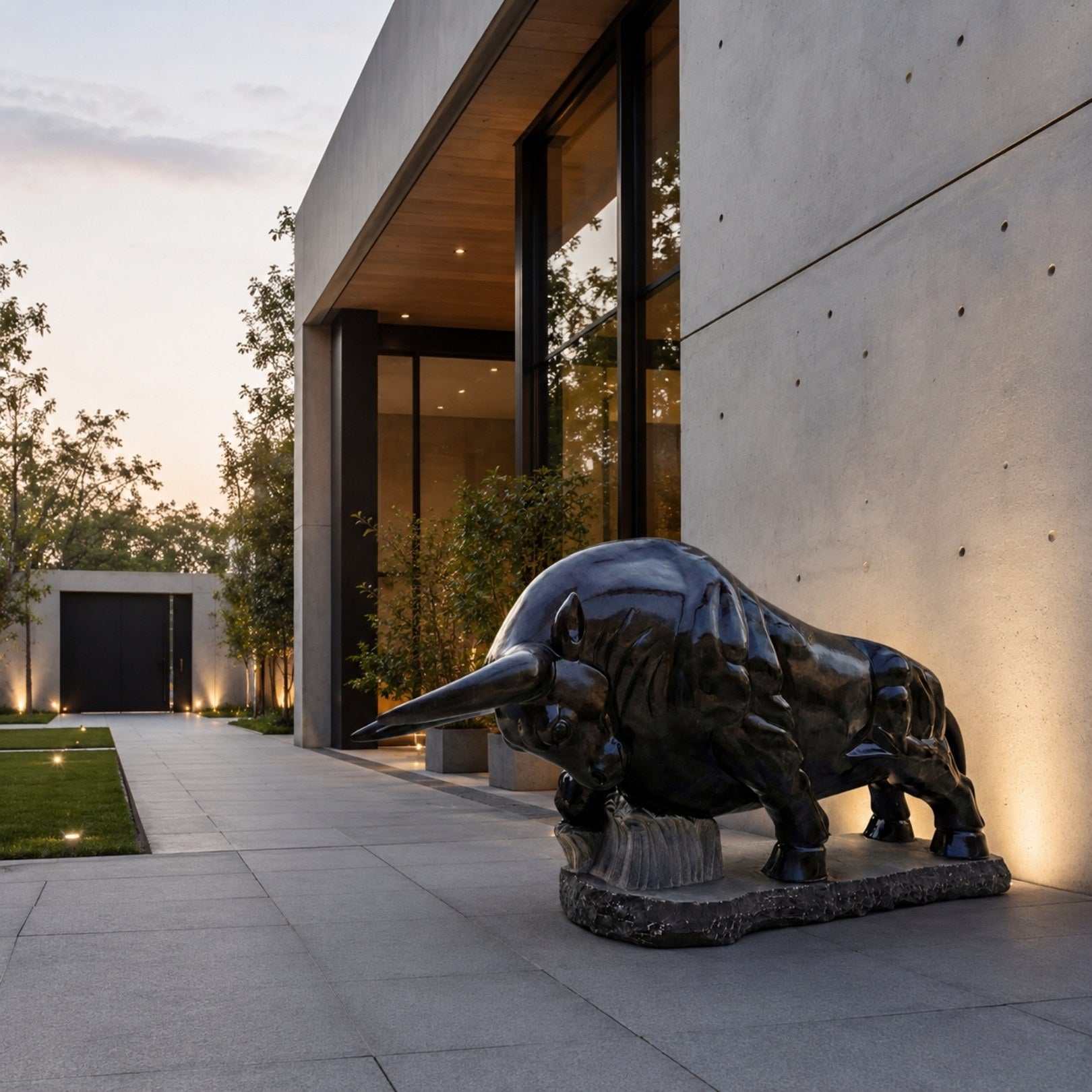 Black marble bull lit at dusk on a paved forecourt