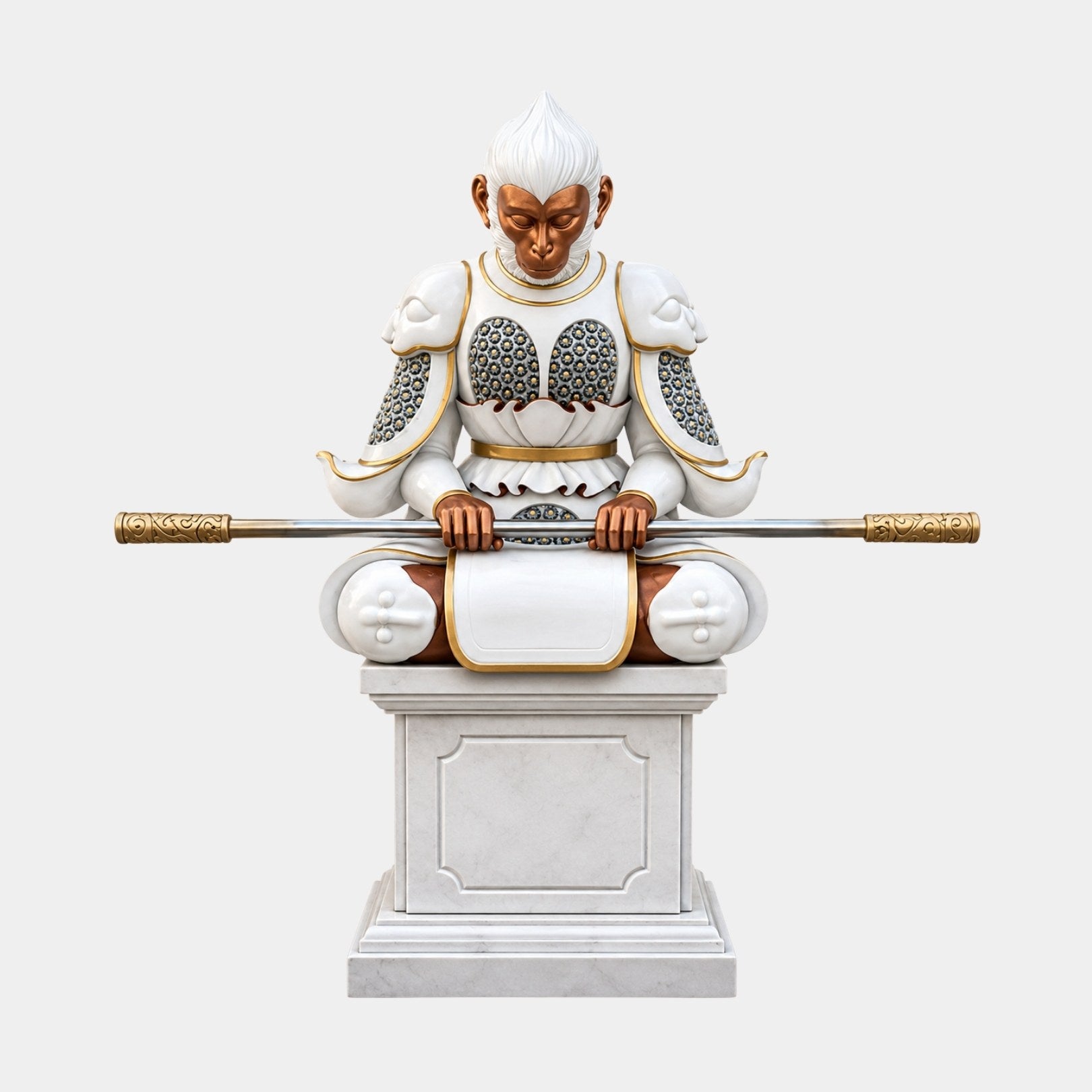 Painted and gilded marble Sun Wukong seated with his staff across his knees