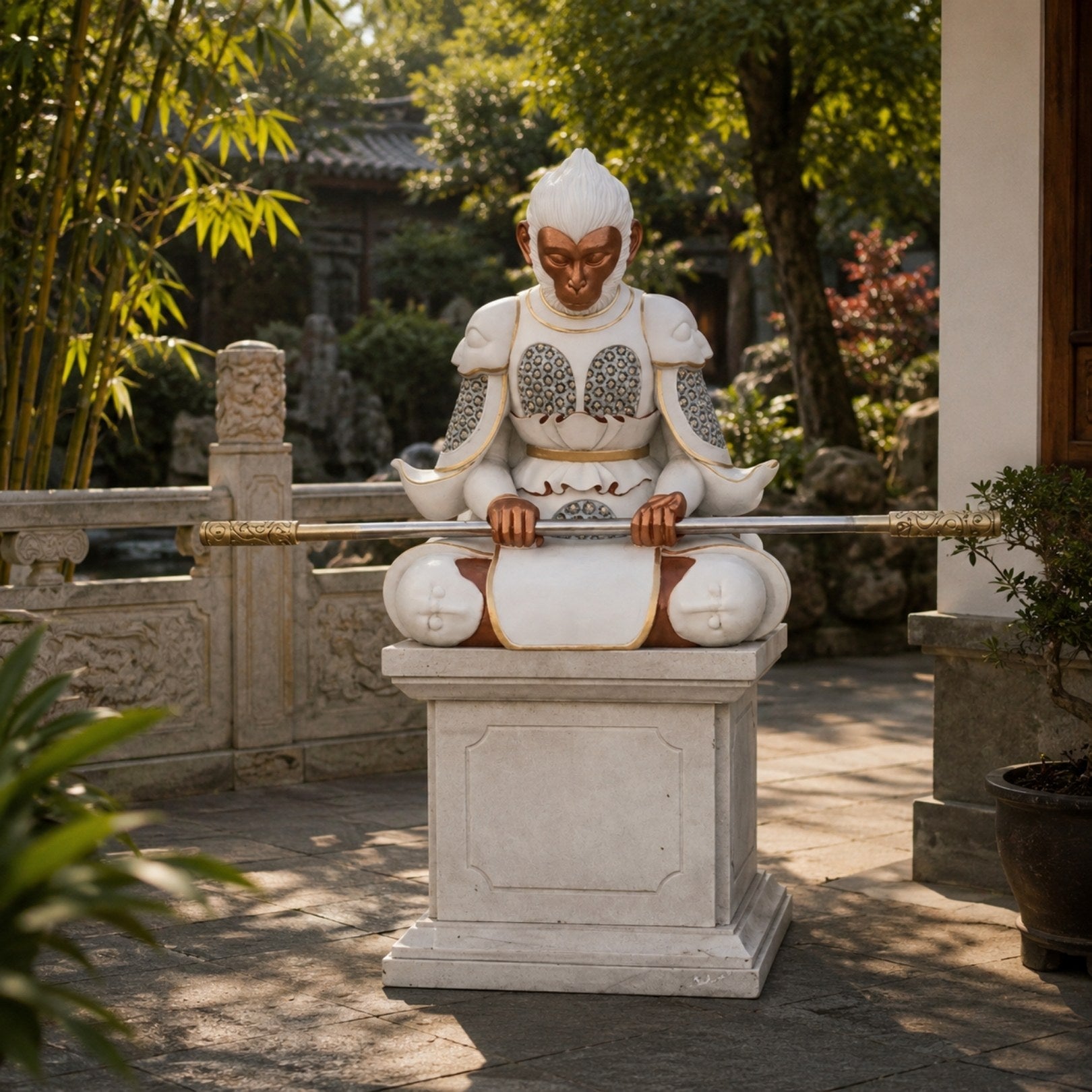 The painted Sun Wukong on its pedestal beside a garden balustrade