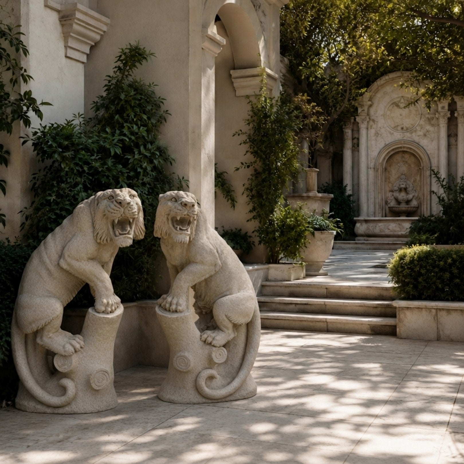 The sandstone tiger on a paved terrace beside a villa wall fountain
