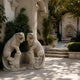 The sandstone tiger on a paved terrace beside a villa wall fountain